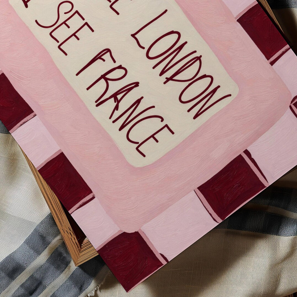 I SEE LONDON I SEE FRANCE is a whimsical Retro typography art print designed to bring humour, colour and personality into your bathroom and laundry room. Featuring vintage-inspired Checkered patterns and hand-lettered typography, this artwork captures the nostalgic charm while adding a playful decorative touch to modern interiors. this is a hand drawn Retro quote wall art, ideal for bathrooms, laundry room decor, and cheeky playful interiors. pink  burgundy 