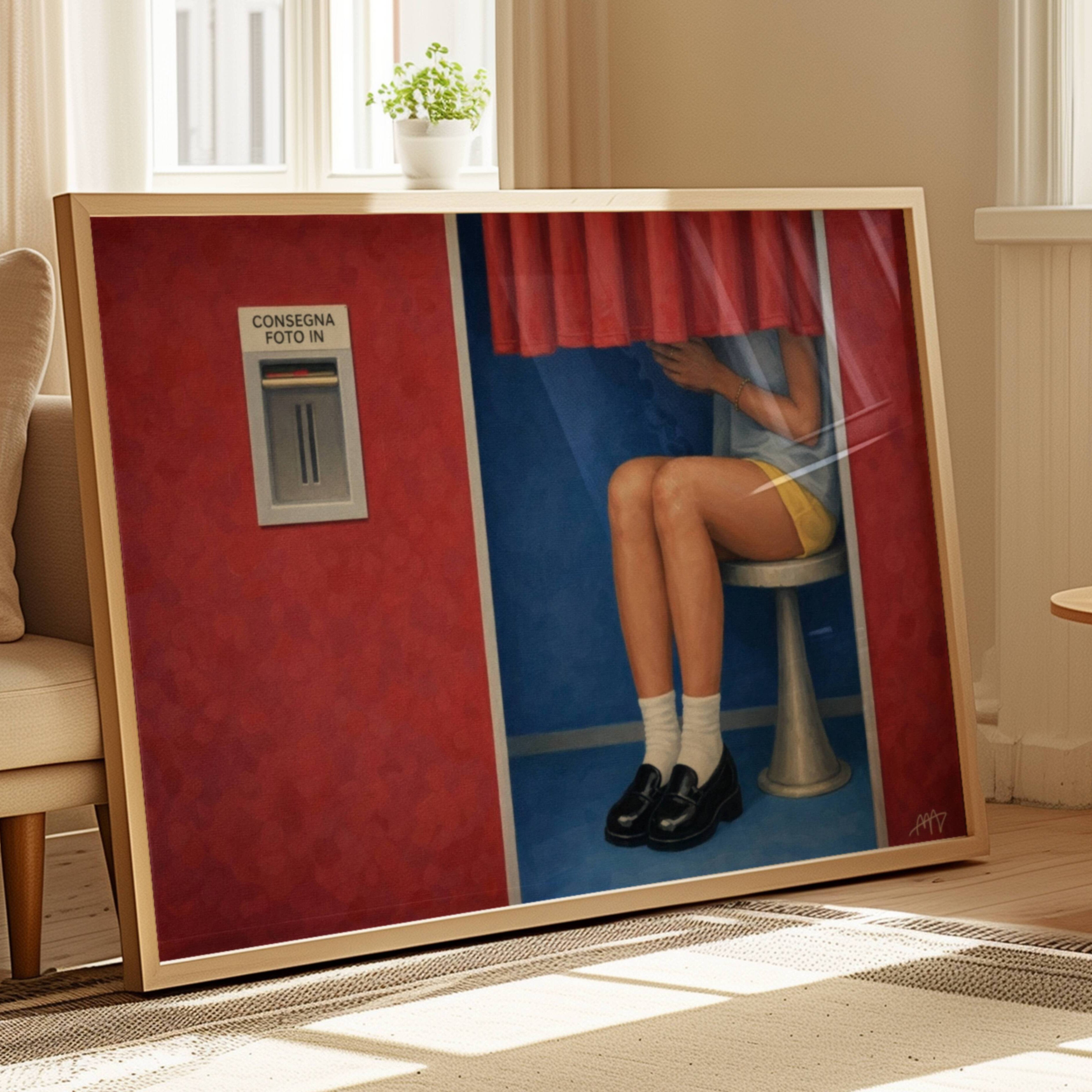Italian Photobooth is a hand painted Contemporary and figurative wall art of a person seated inside a vintage photobooth with vintage shoes and a red curtain in a nostalgic mid century inspired scene, against a red and blue background with expressive painterly texture. Minimalist Mid century modern oil painting in cinematic nostalgia composition