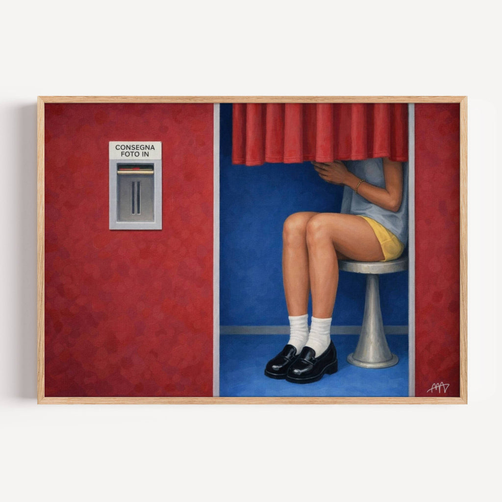 Italian Photobooth is a hand painted Contemporary and figurative wall art of a person seated inside a vintage photobooth with vintage shoes and a red curtain in a nostalgic mid century inspired scene, against a red and blue background with expressive painterly texture. Minimalist Mid century modern oil painting in cinematic nostalgia composition.
