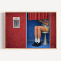 Italian Photobooth is a hand painted Contemporary and figurative wall art of a person seated inside a vintage photobooth with vintage shoes and a red curtain in a nostalgic mid century inspired scene, against a red and blue background with expressive painterly texture. Minimalist Mid century modern oil painting in cinematic nostalgia composition.
