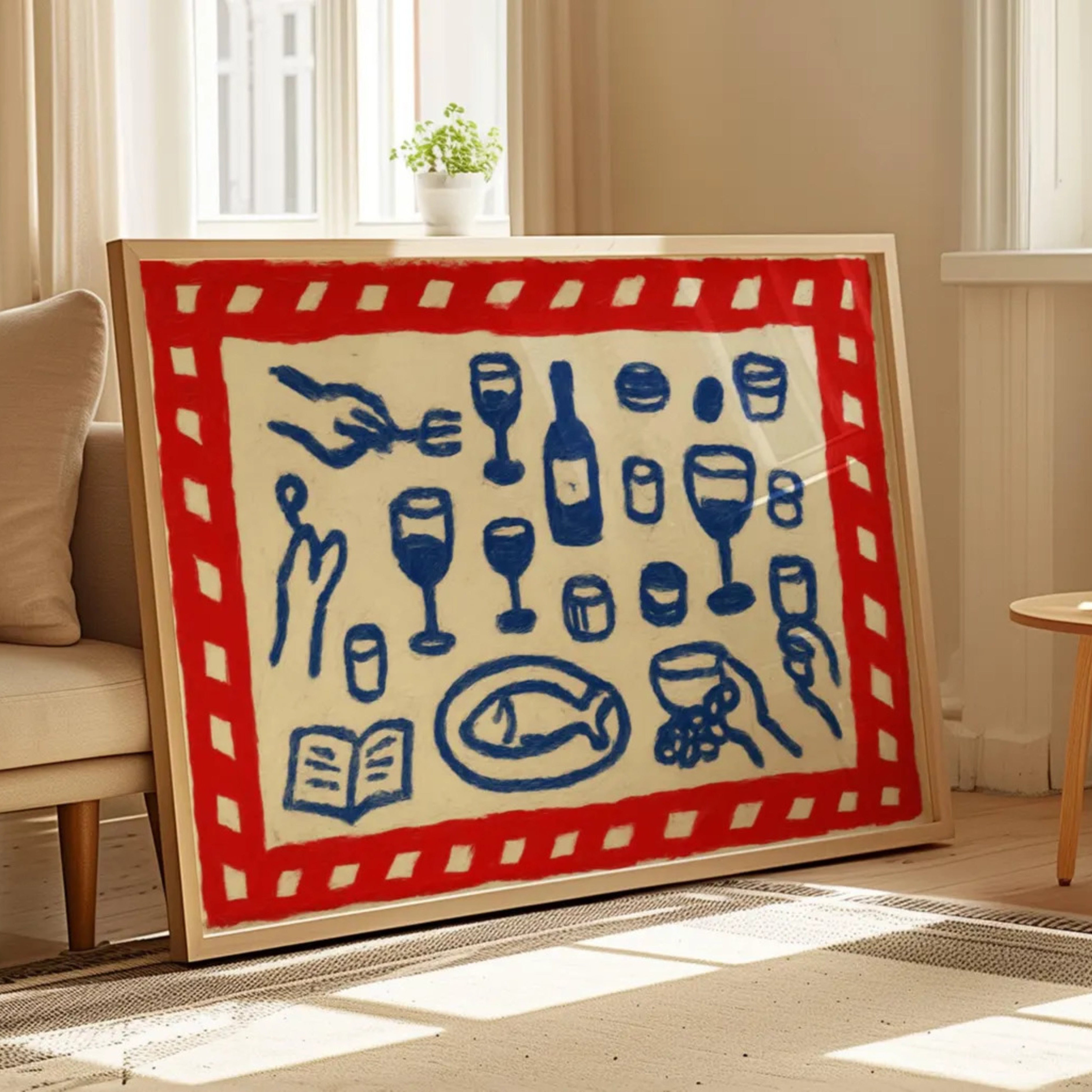 Italian Dinner contemporary Kitchen wall art with hand drawn wine, food, pasta and dining illustrations with expressive painterly texture and nostalgic atmosphere. This is a hand drawn still life table Oil Painting kitchen and bar cart art Print decor for playful kitchens, dining spaces and eclectic interiors