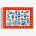 Italian Dinner contemporary Kitchen wall art with hand drawn wine, food, pasta and dining illustrations with expressive painterly texture and nostalgic atmosphere. This is a hand drawn still life table Oil Painting kitchen and bar cart art Print decor for playful kitchens, dining spaces and eclectic interiors