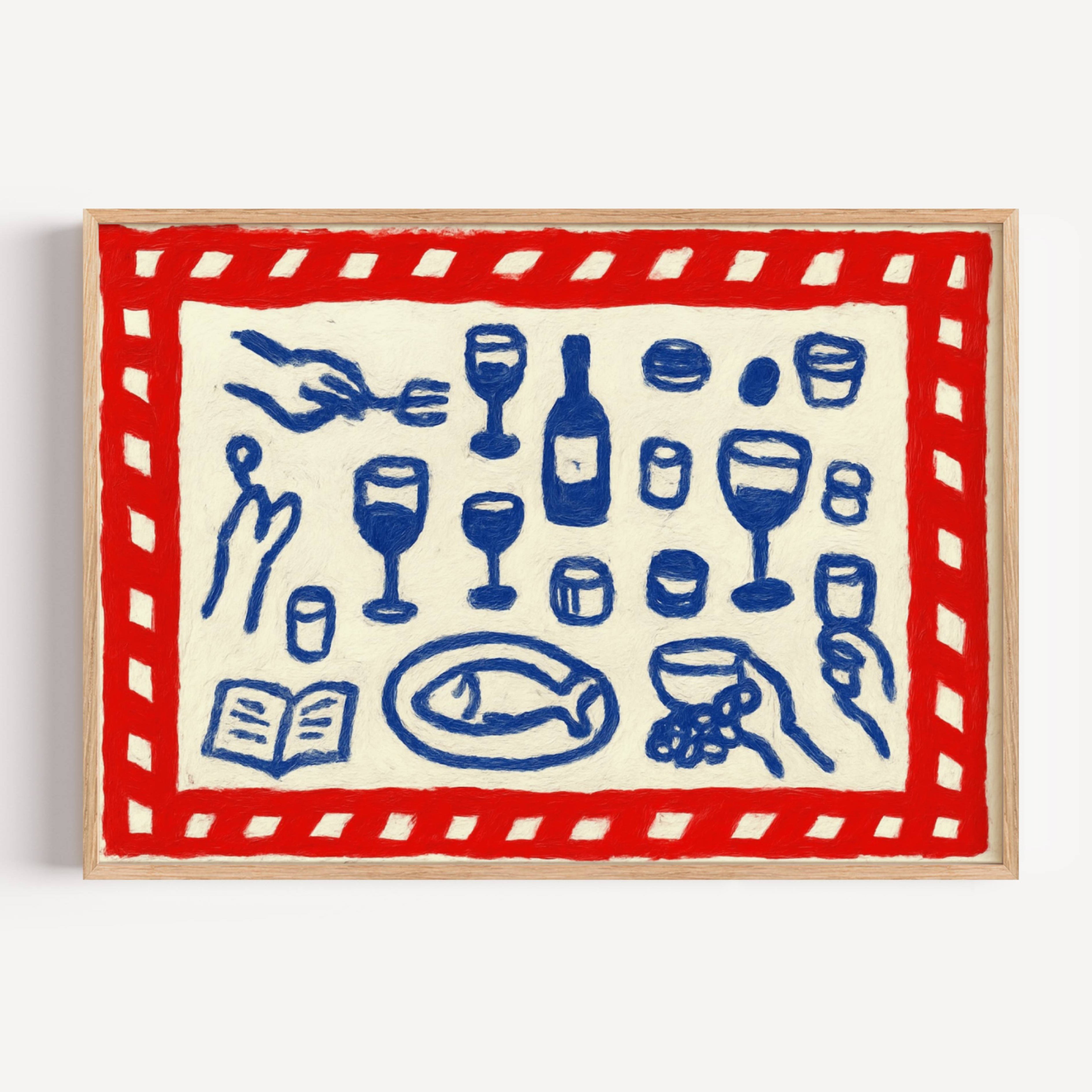 Italian Dinner contemporary Kitchen wall art with hand drawn wine, food, pasta and dining illustrations with expressive painterly texture and nostalgic atmosphere. This is a hand drawn still life table Oil Painting kitchen and bar cart art Print decor for playful kitchens, dining spaces and eclectic interiors