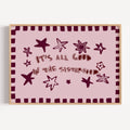 Playful typography print with the phrase "It's all good in the sisterhood" on a pink background with burgundy stars. This is a hand drawn trendy typography wall art print ideal for girly bedrooms, dorm room decor, sorority houses and gift for your best friend.