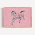 A surreal Symbolic artwork featuring a White Horse running against a pink background. The Horse has handwritten quote "Just Found Out It Is All For Fun". This is a hand drawn Eclectic Contemporary Folk art Print Oil Painting.