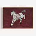 A surreal Symbolic artwork featuring a White Horse running against a burgundy background. The Horse has handwritten quote "Just Found Out No One Cares What A Relief". This is a hand drawn Eclectic Contemporary Folk art Print Oil Painting.