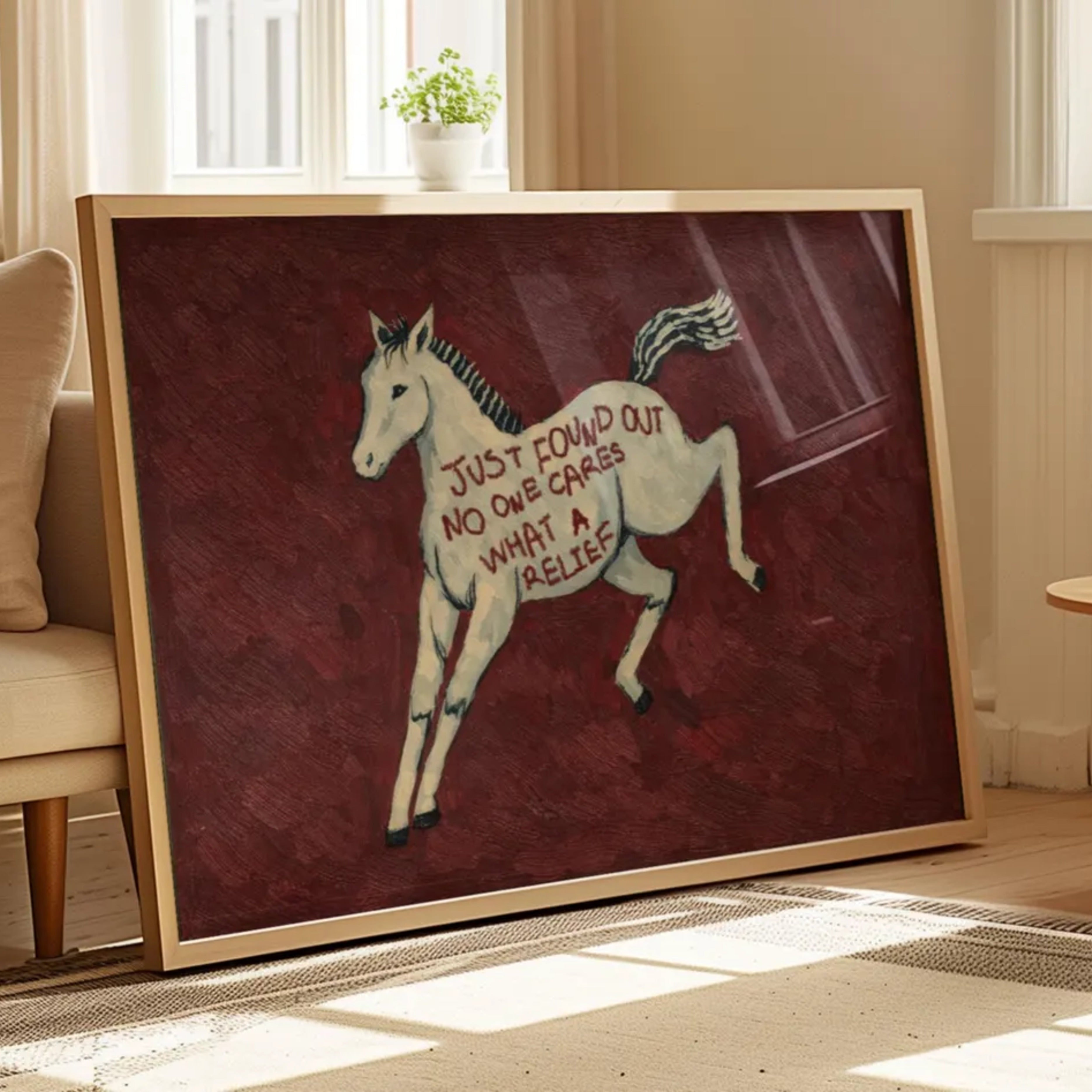 A surreal Symbolic artwork featuring a White Horse running against a burgundy background. The Horse has handwritten quote "Just Found Out No One Cares What A Relief". This is a hand drawn Eclectic Contemporary Folk art Print Oil Painting.