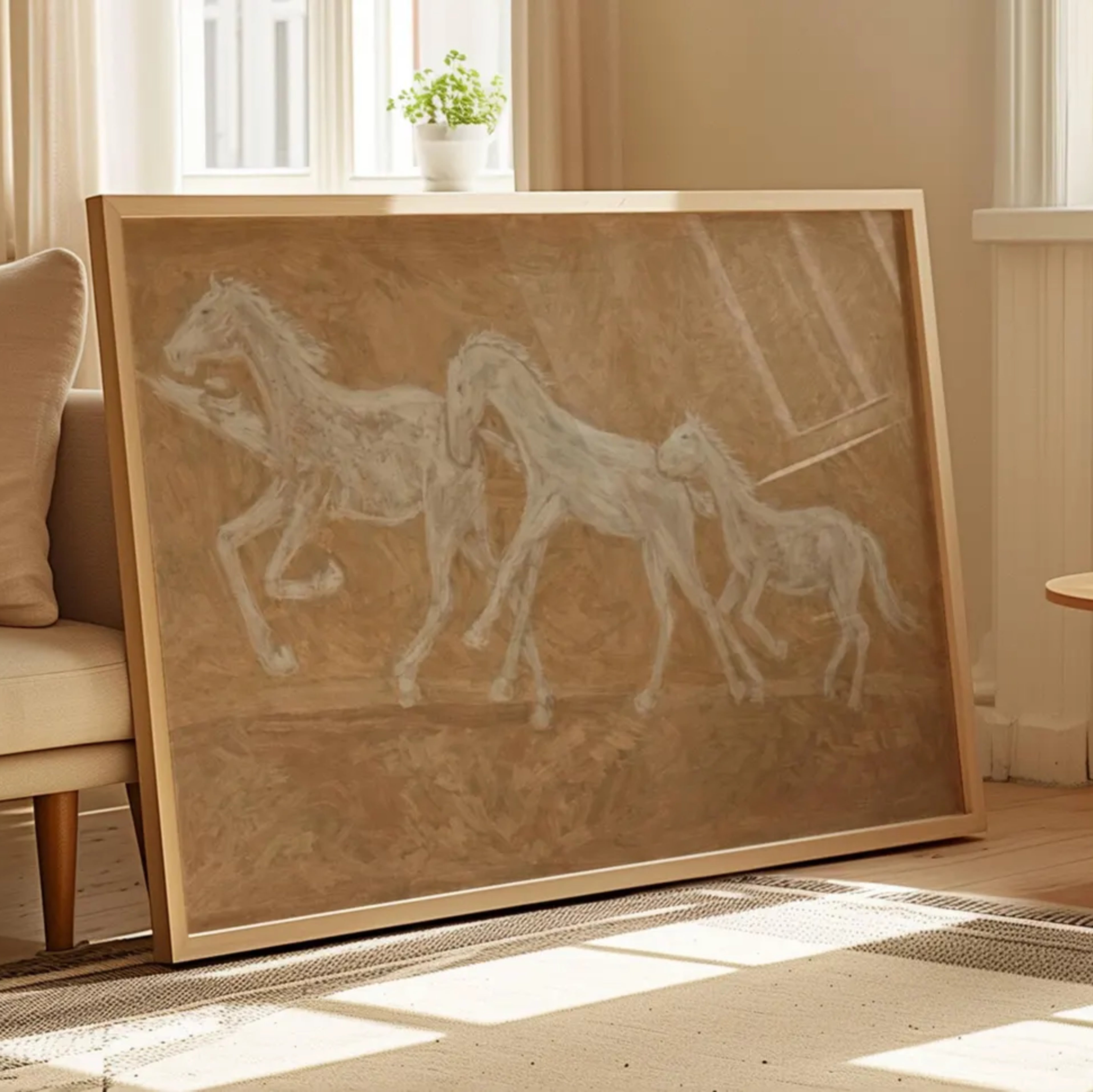 Minimalist abstract Horse Family wall art featuring three white horses running against a neutral warm sand background, inspired by western and contemporary folk aesthetics. This is a hand drawn Contemporary western art Print Oil Painting.