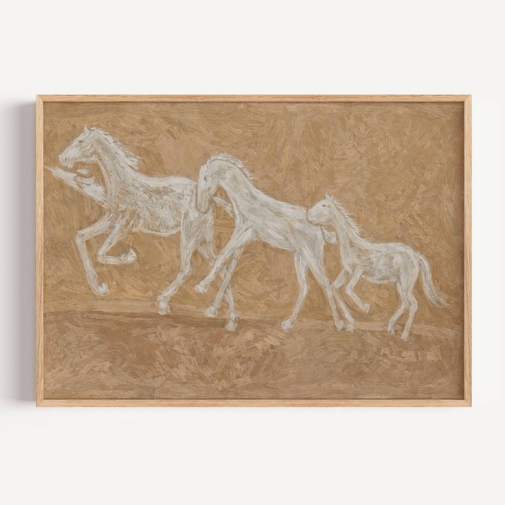 Minimalist abstract Horse Family wall art featuring three white horses running against a neutral warm sand background, inspired by western and contemporary folk aesthetics. This is a hand drawn Contemporary western art Print Oil Painting.