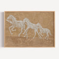Minimalist abstract Horse Family wall art featuring three white horses running against a neutral warm sand background, inspired by western and contemporary folk aesthetics. This is a hand drawn Contemporary western art Print Oil Painting.