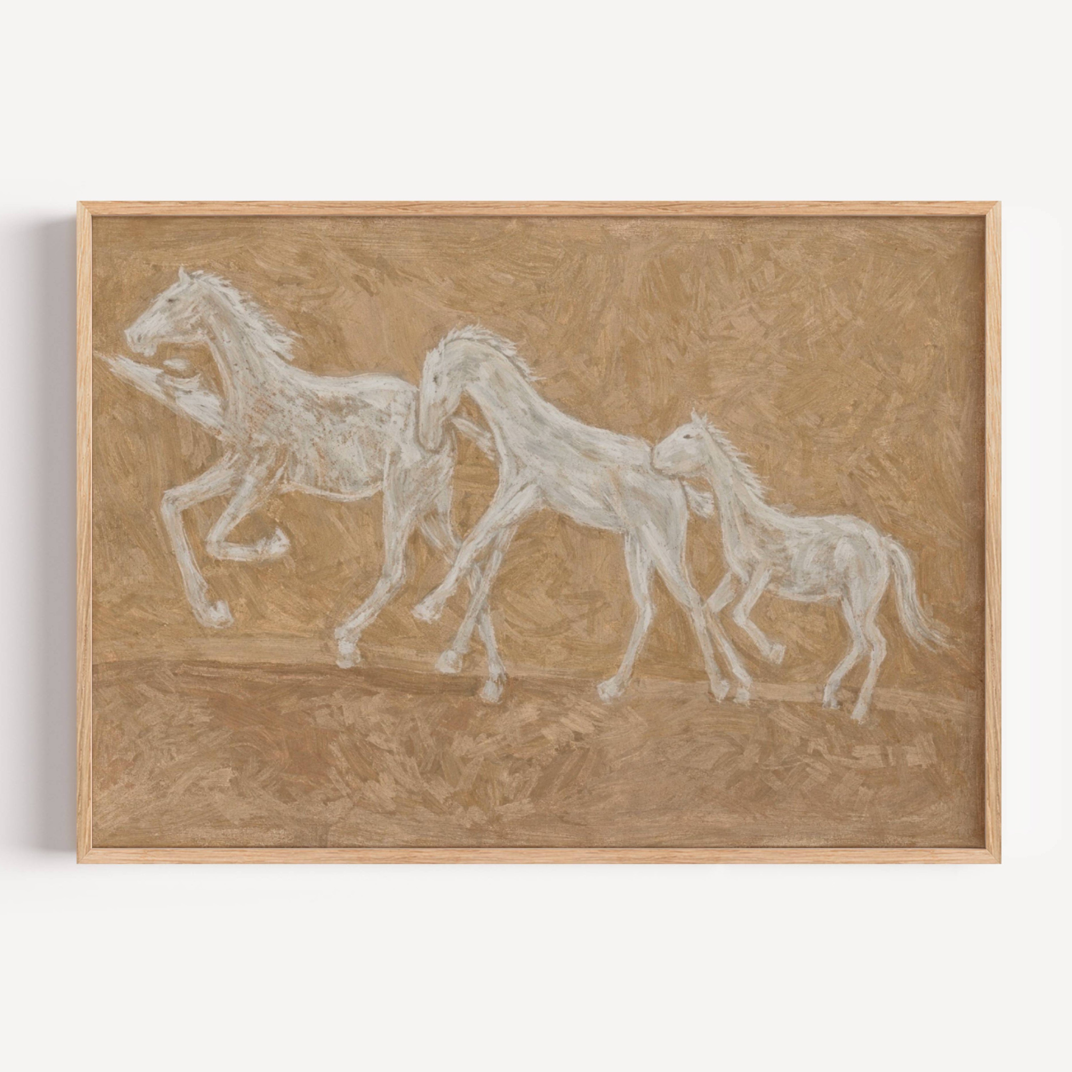 Minimalist abstract Horse Family wall art featuring three white horses running against a neutral warm sand background, inspired by western and contemporary folk aesthetics. This is a hand drawn Contemporary western art Print Oil Painting.