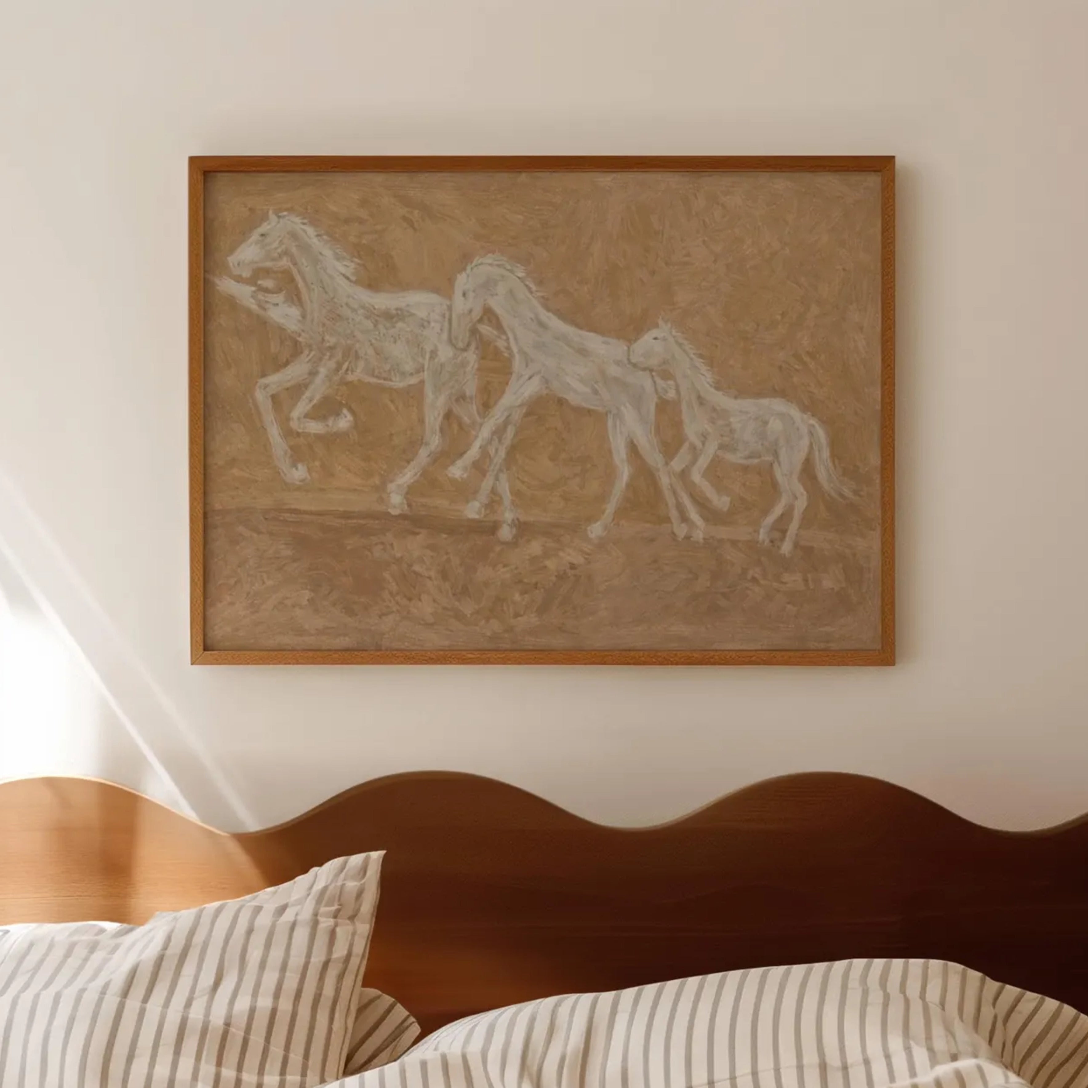 Minimalist abstract Horse Family wall art featuring three white horses running against a neutral warm sand background, inspired by western and contemporary folk aesthetics. This is a hand drawn Contemporary western art Print Oil Painting.