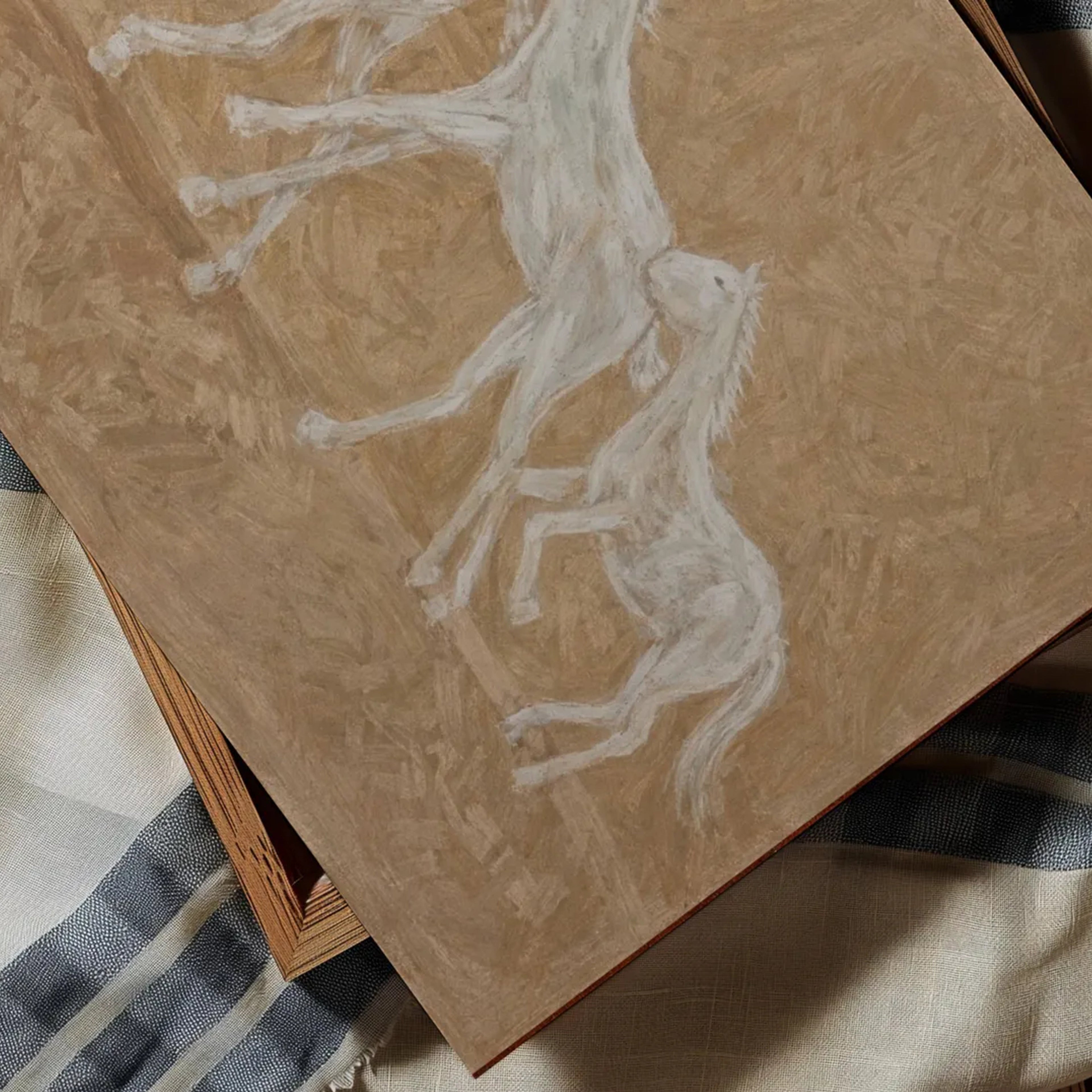 Minimalist abstract Horse Family wall art featuring three white horses running against a neutral warm sand background, inspired by western and contemporary folk aesthetics. This is a hand drawn Contemporary western art Print Oil Painting.