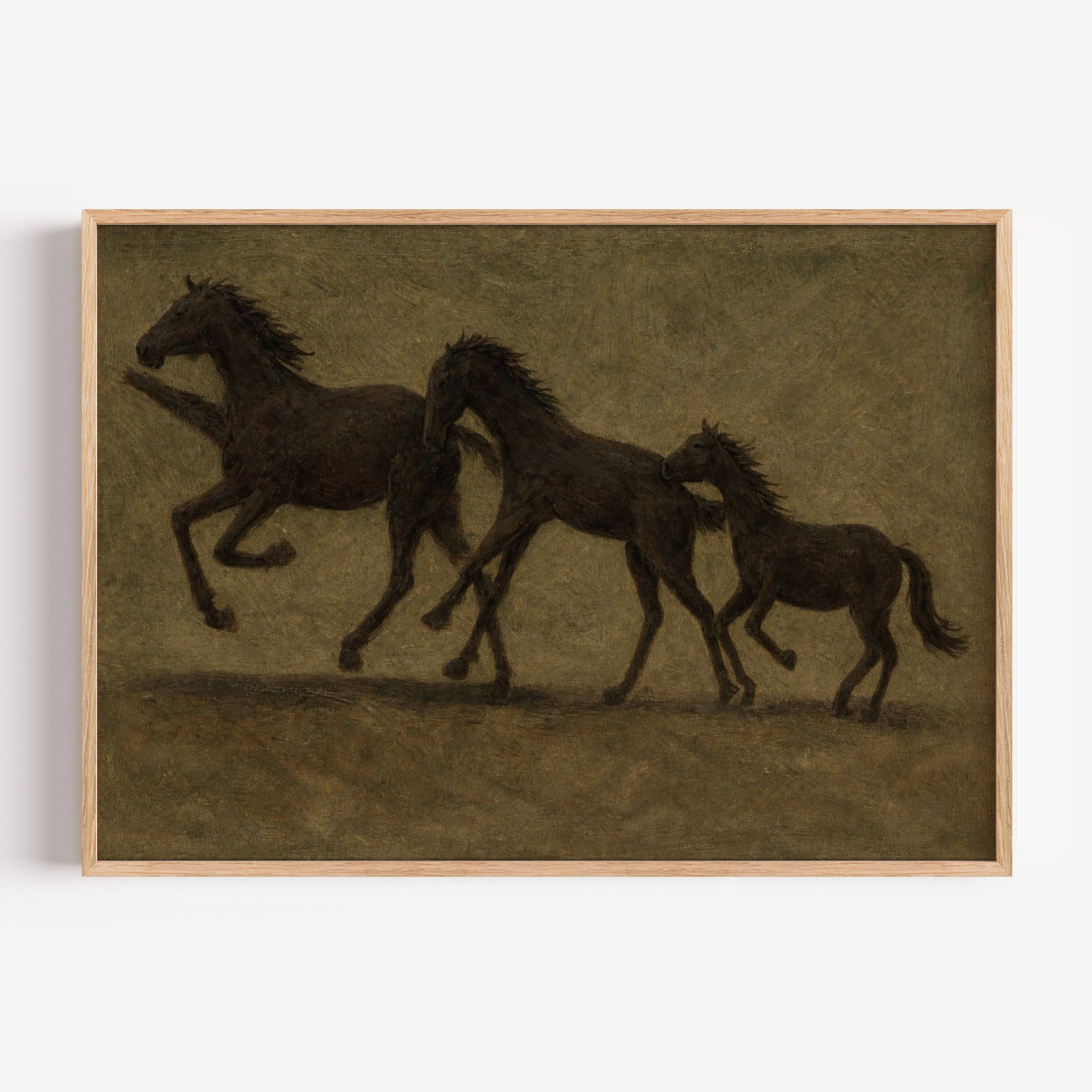 Minimalist abstract Horse Family wall art featuring three black horses running against a khaki green background, inspired by western and contemporary folk aesthetics. This is a hand drawn Contemporary western art Print Oil Painting.