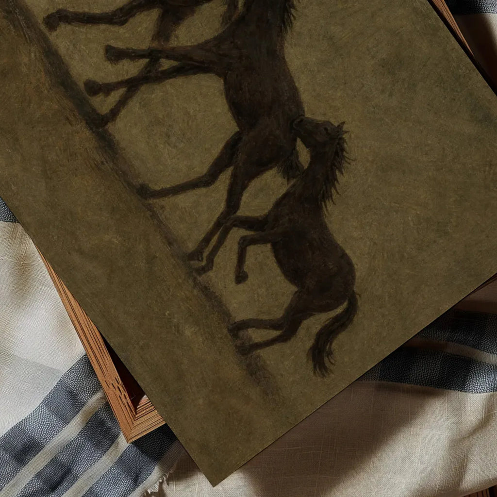 Minimalist abstract Horse Family wall art featuring three black horses running against a neutral khaki background, inspired by western and contemporary folk aesthetics. This is a hand drawn Contemporary western art Print Oil Painting.