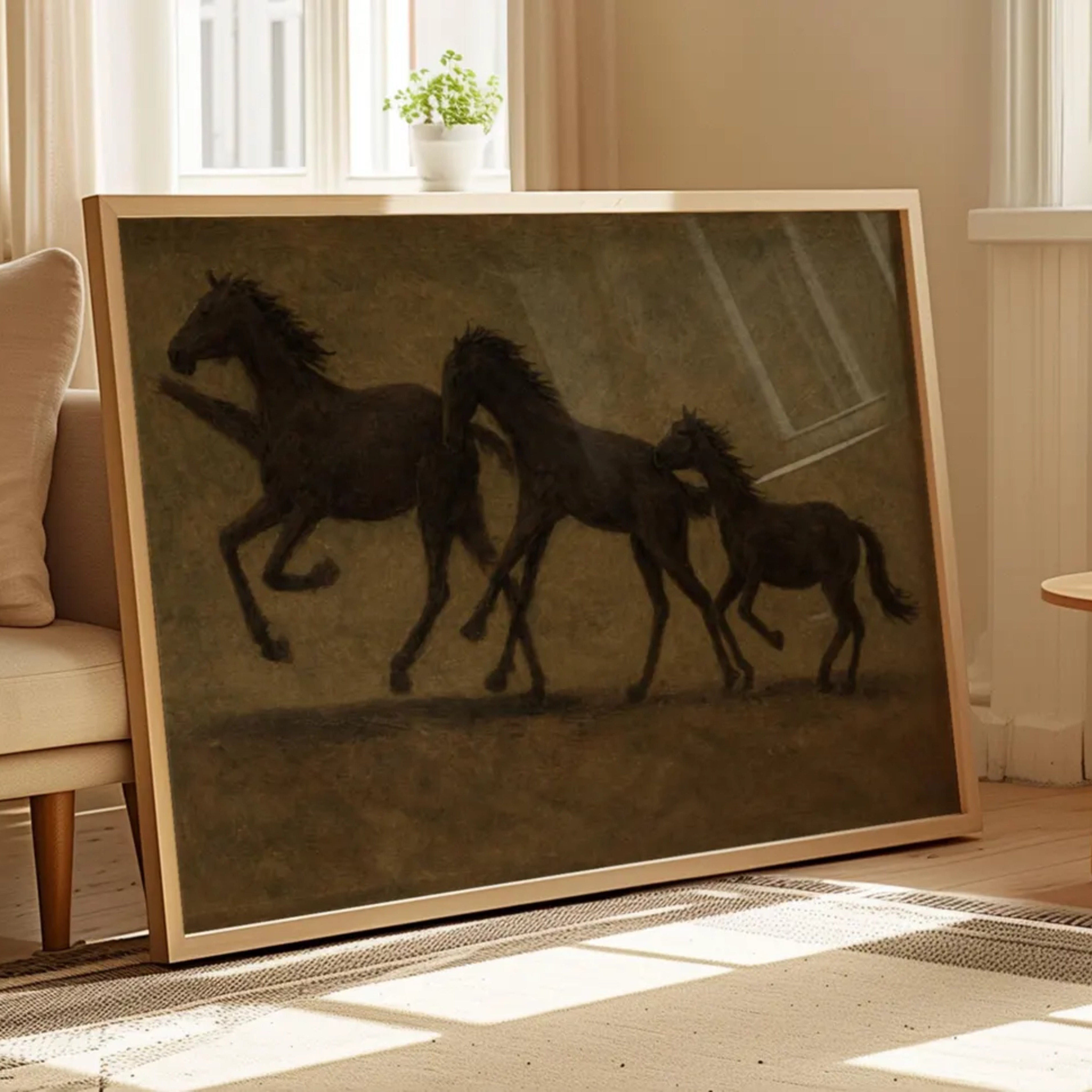 Minimalist abstract Horse Family wall art featuring three black horses running against a khaki background, inspired by western and contemporary folk aesthetics. This is a hand drawn Contemporary western art Print Oil Painting.