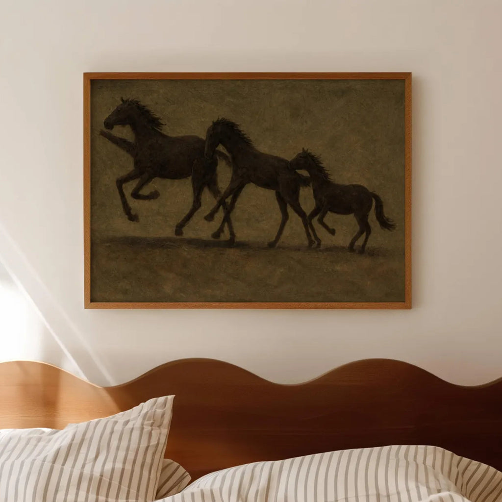 Minimalist abstract Horse Family wall art featuring three black horses running against a khaki background, inspired by western and contemporary folk aesthetics. This is a hand drawn Contemporary western art Print Oil Painting.