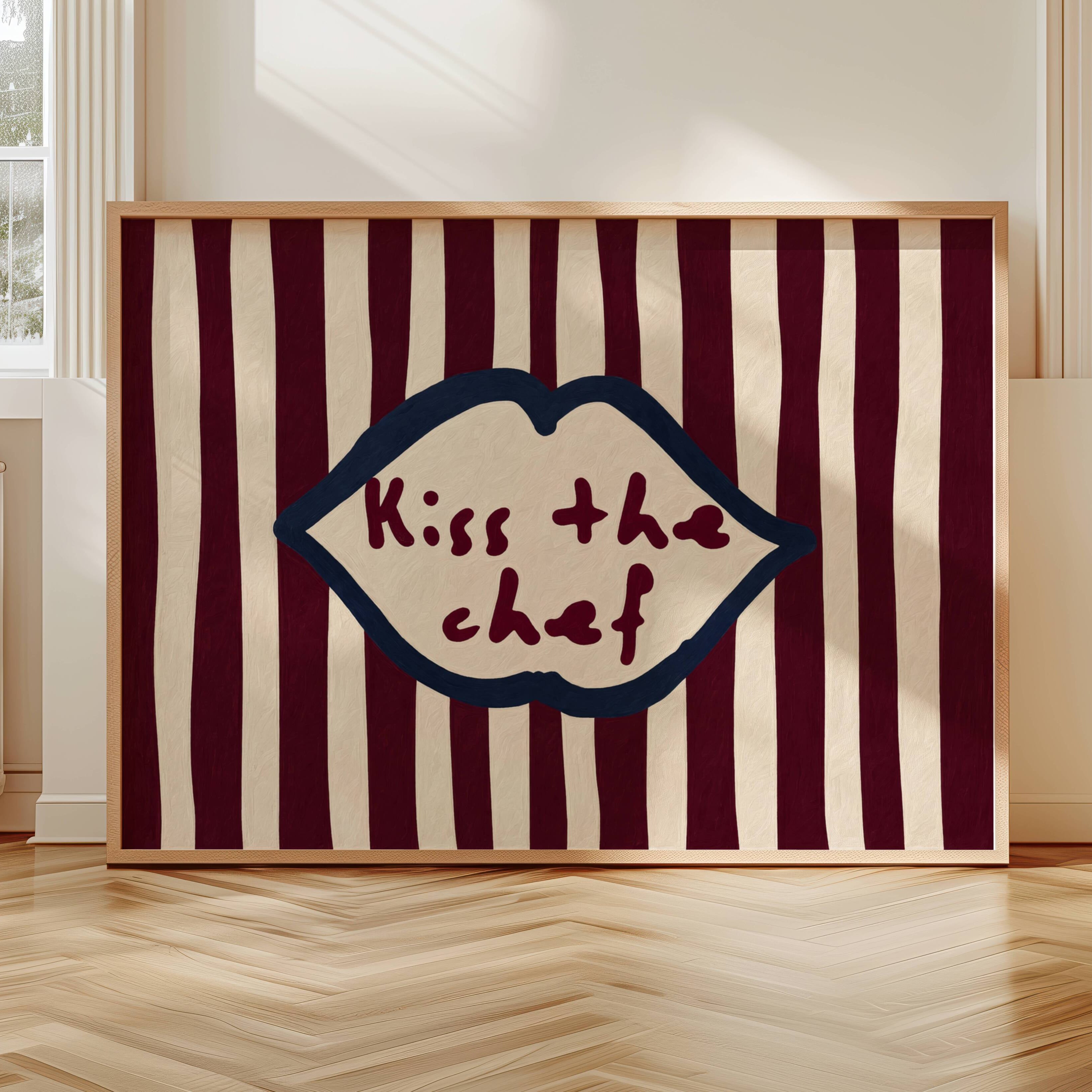 Playful Kitchen Funny Typography wall art with Handwritten quote "Kiss the chef" on a retro striped background in burgundy tones with lips motif. This is a hand drawn Oil Painting kitchen art Print decor.