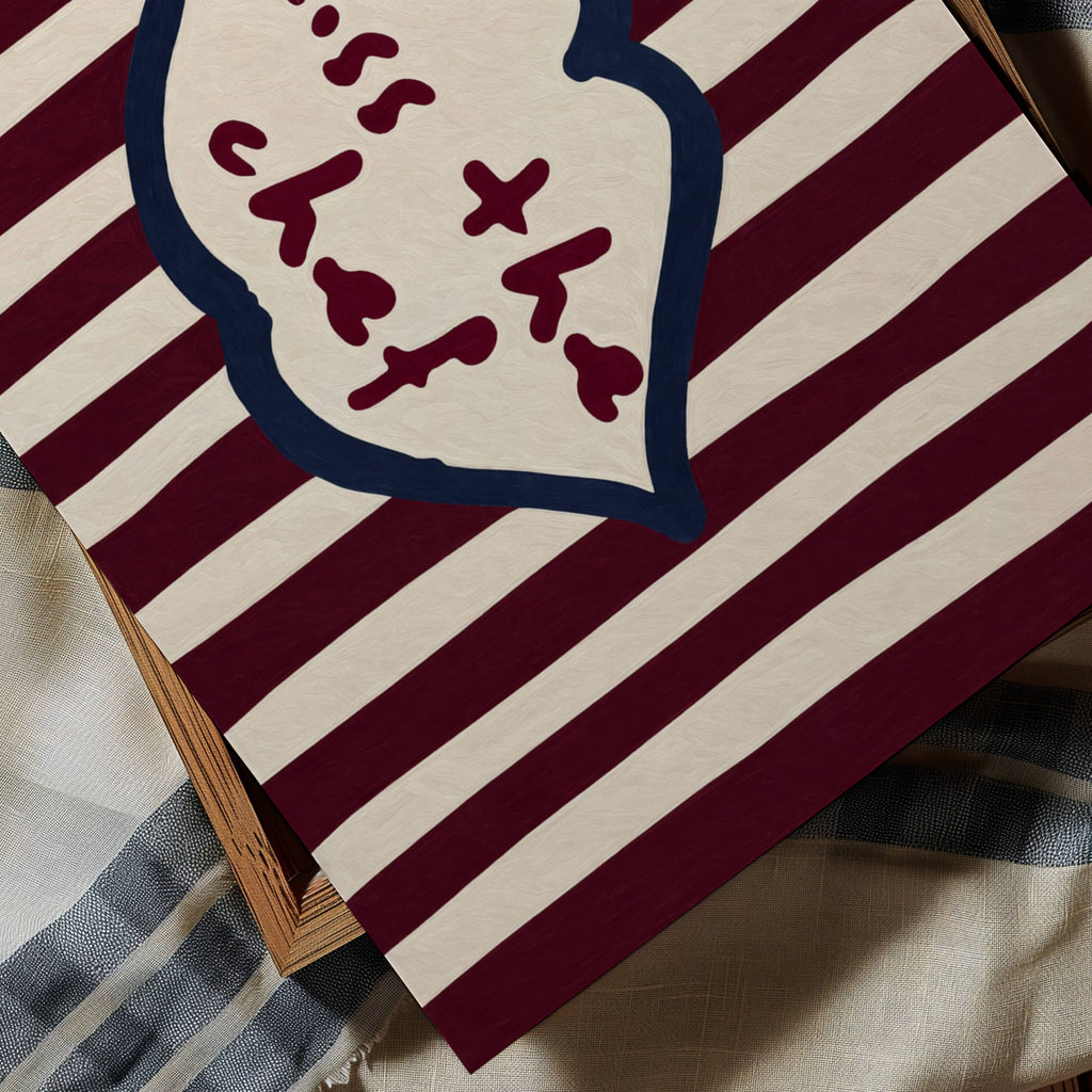 Playful Kitchen Funny Typography wall art with Handwritten quote "Kiss the chef" on a retro striped background in burgundy tones with lips motif. This is a hand drawn Oil Painting kitchen art Print decor.