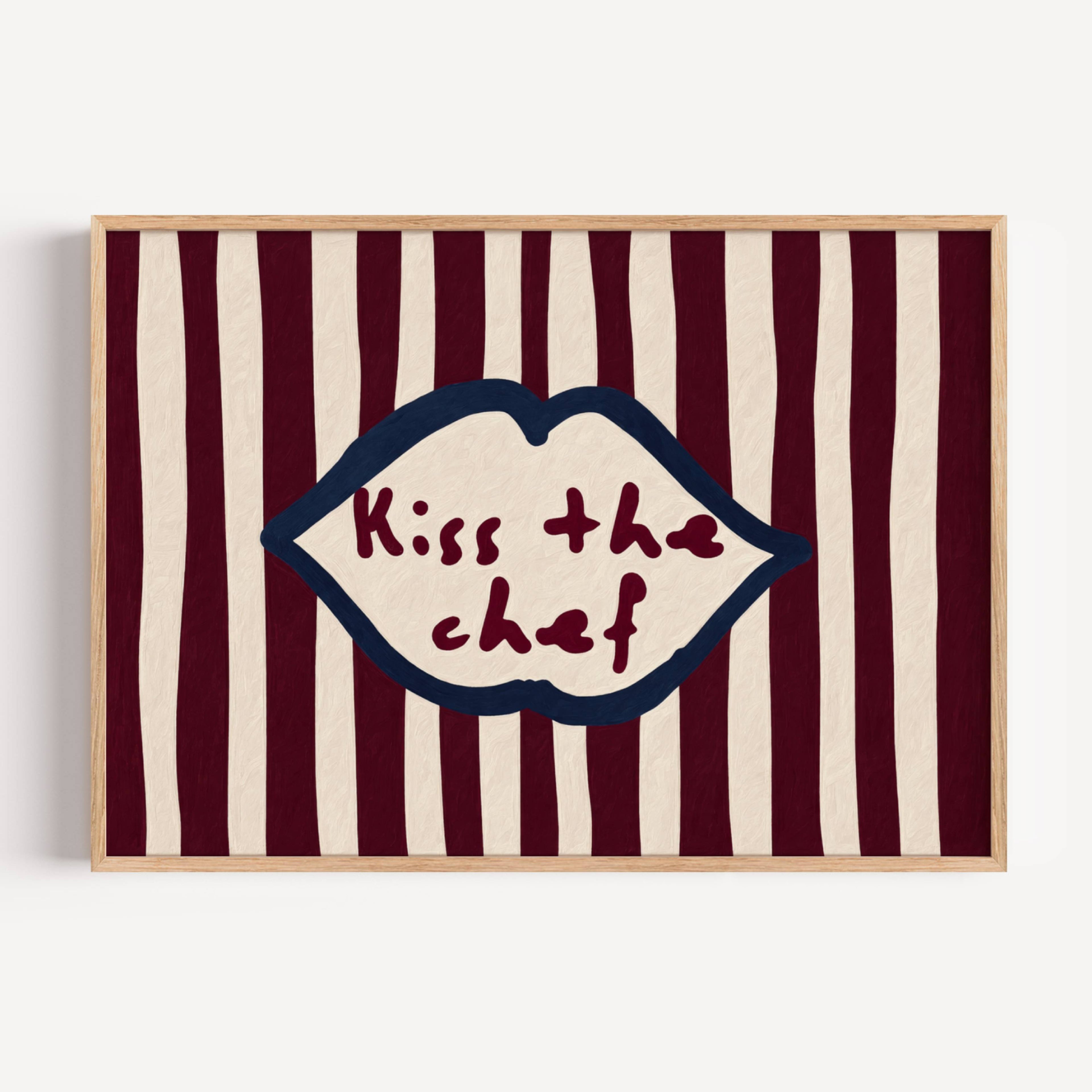Playful Kitchen Funny Typography wall art with Handwritten quote "Kiss the chef" on a retro striped background in burgundy and off white tones with lips motif. This is a hand drawn Oil Painting kitchen art Print decor.