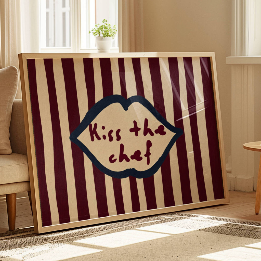 Playful Kitchen Funny Typography wall art with Handwritten quote "Kiss the chef" on a retro striped background in burgundy and off white tones with lips motif. This is a hand drawn Oil Painting kitchen art Print decor.