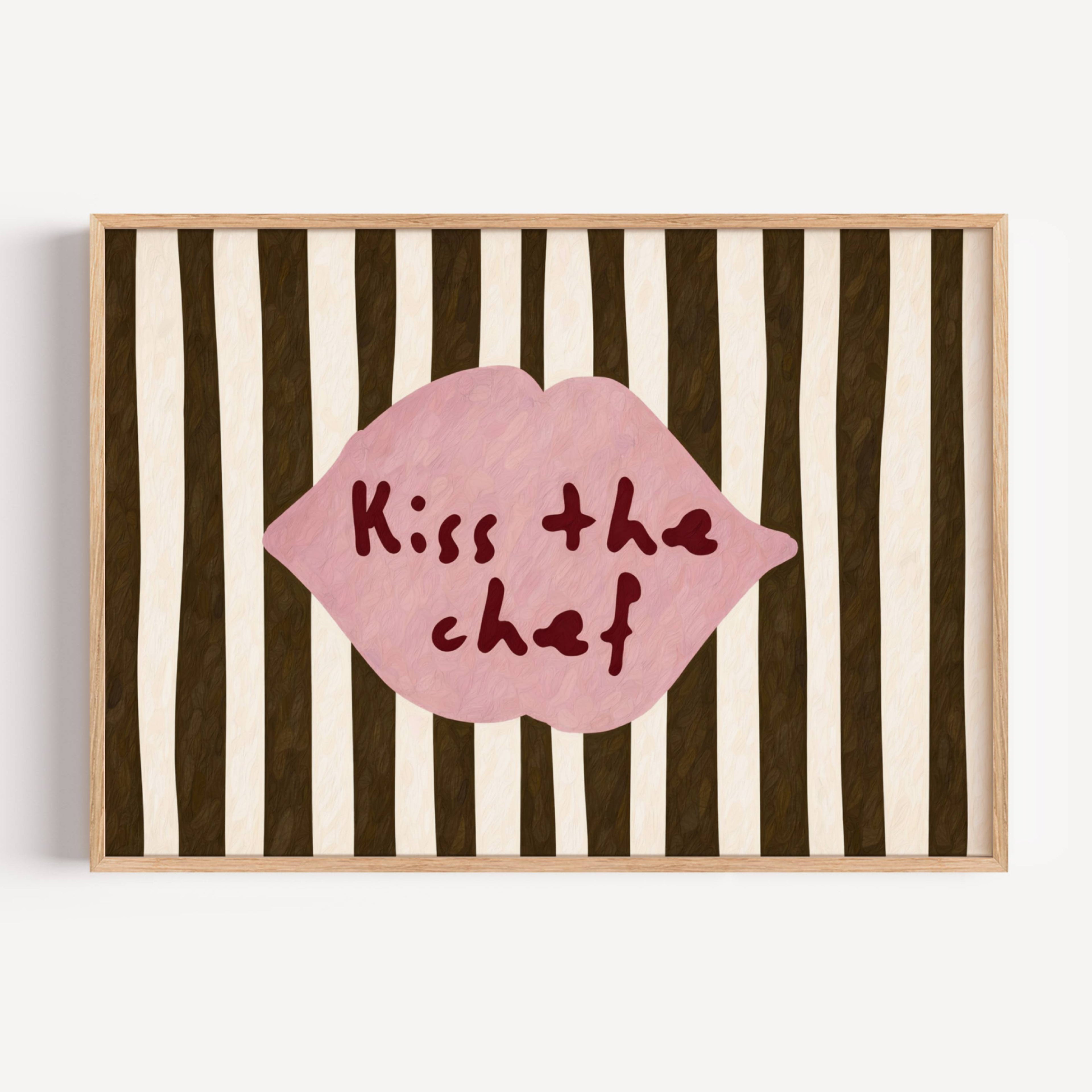 Playful Kitchen Funny Typography wall art with Handwritten quote "Kiss the chef" on a retro striped background in khaki and off white tones with lips motif. This is a hand drawn Oil Painting kitchen art Print decor.