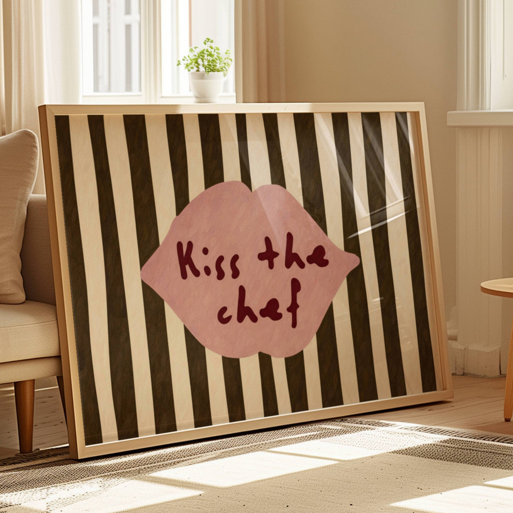 Playful Kitchen Funny Typography wall art with Handwritten quote "Kiss the chef" on a retro striped background in ruby blue tones with lips motif. This is a hand drawn Oil Painting kitchen art Print decor.