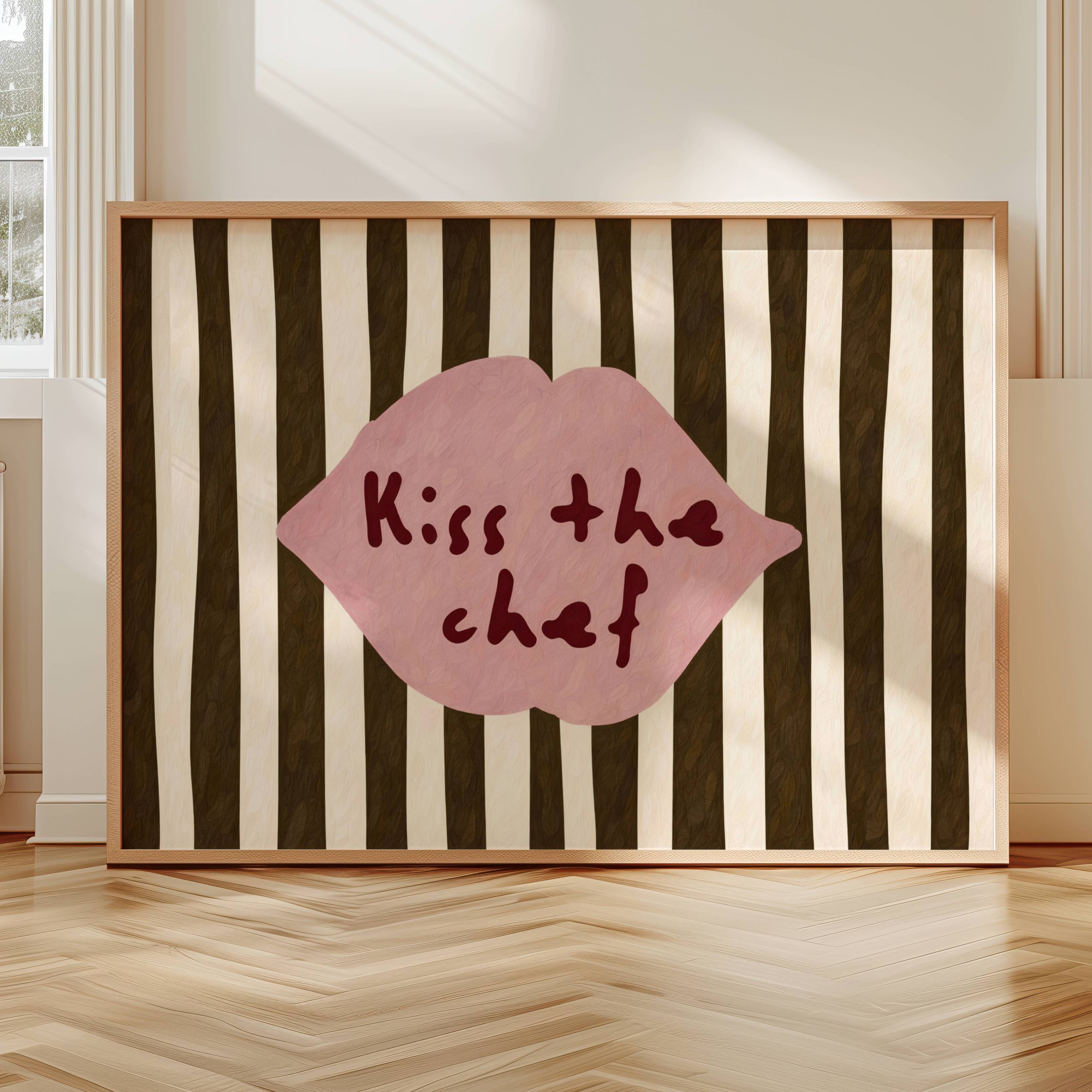 Playful Kitchen Funny Typography wall art with Handwritten quote "Kiss the chef" on a retro striped background in khaki and off white  tones with lips motif. This is a hand drawn Oil Painting kitchen art Print decor.