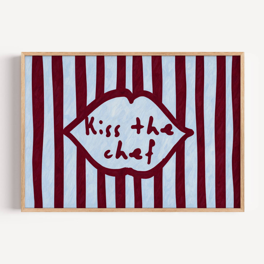 Playful Kitchen Funny Typography wall art with Handwritten quote "Kiss the chef" on a retro striped background in ruby blue tones with lips motif. This is a hand drawn Oil Painting kitchen art Print decor.