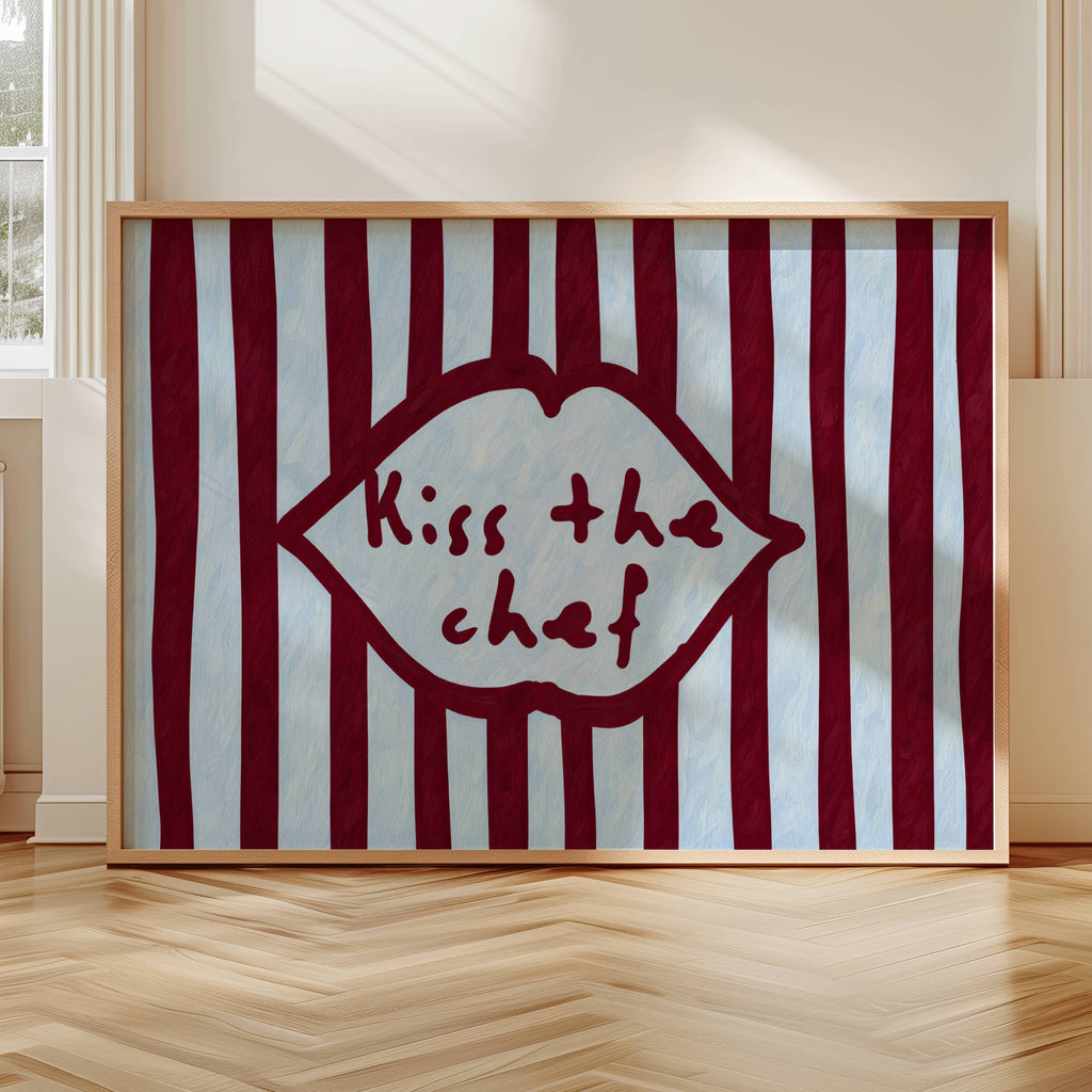 Playful Kitchen Funny Typography wall art with Handwritten quote "Kiss the chef" on a retro striped background in ruby blue tones with lips motif. This is a hand drawn Oil Painting kitchen art Print decor.