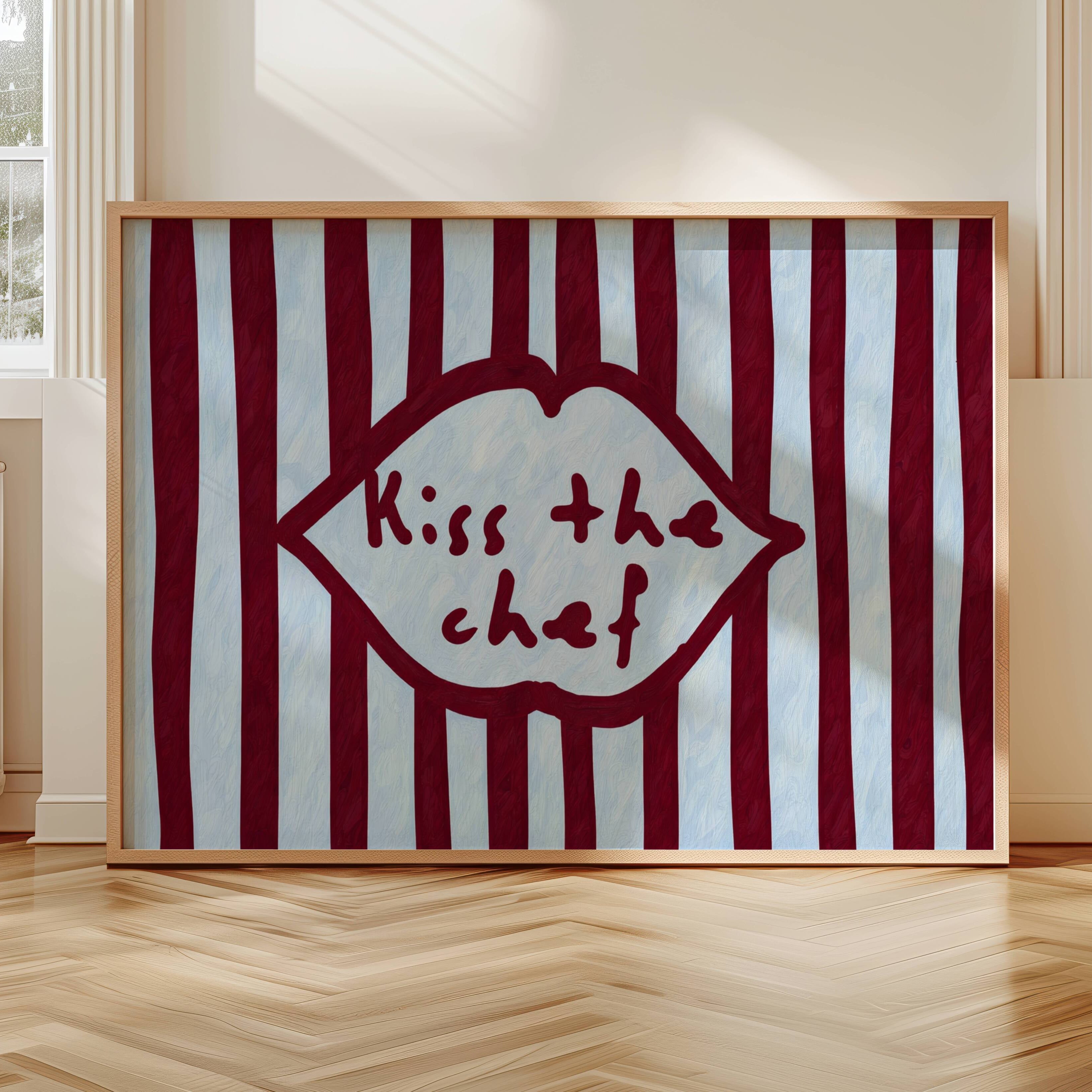 Playful Kitchen Funny Typography wall art with Handwritten quote "Kiss the chef" on a retro striped background in ruby blue tones with lips motif. This is a hand drawn Oil Painting kitchen art Print decor.