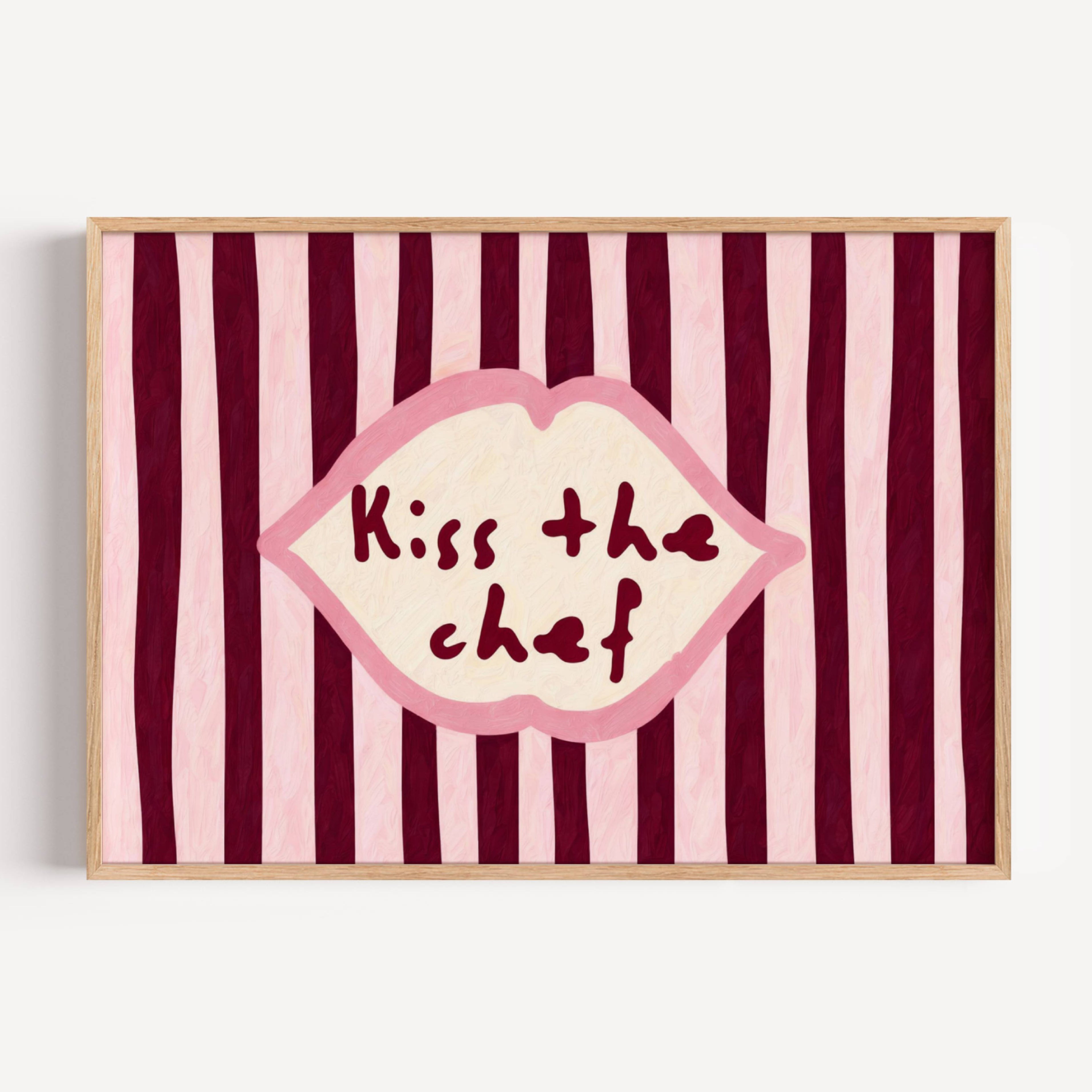 Playful Kitchen Funny Typography wall art with Handwritten quote "Kiss the chef" on a retro striped background in ruby pink tones with lips motif. This is a hand drawn Oil Painting kitchen art Print decor.
