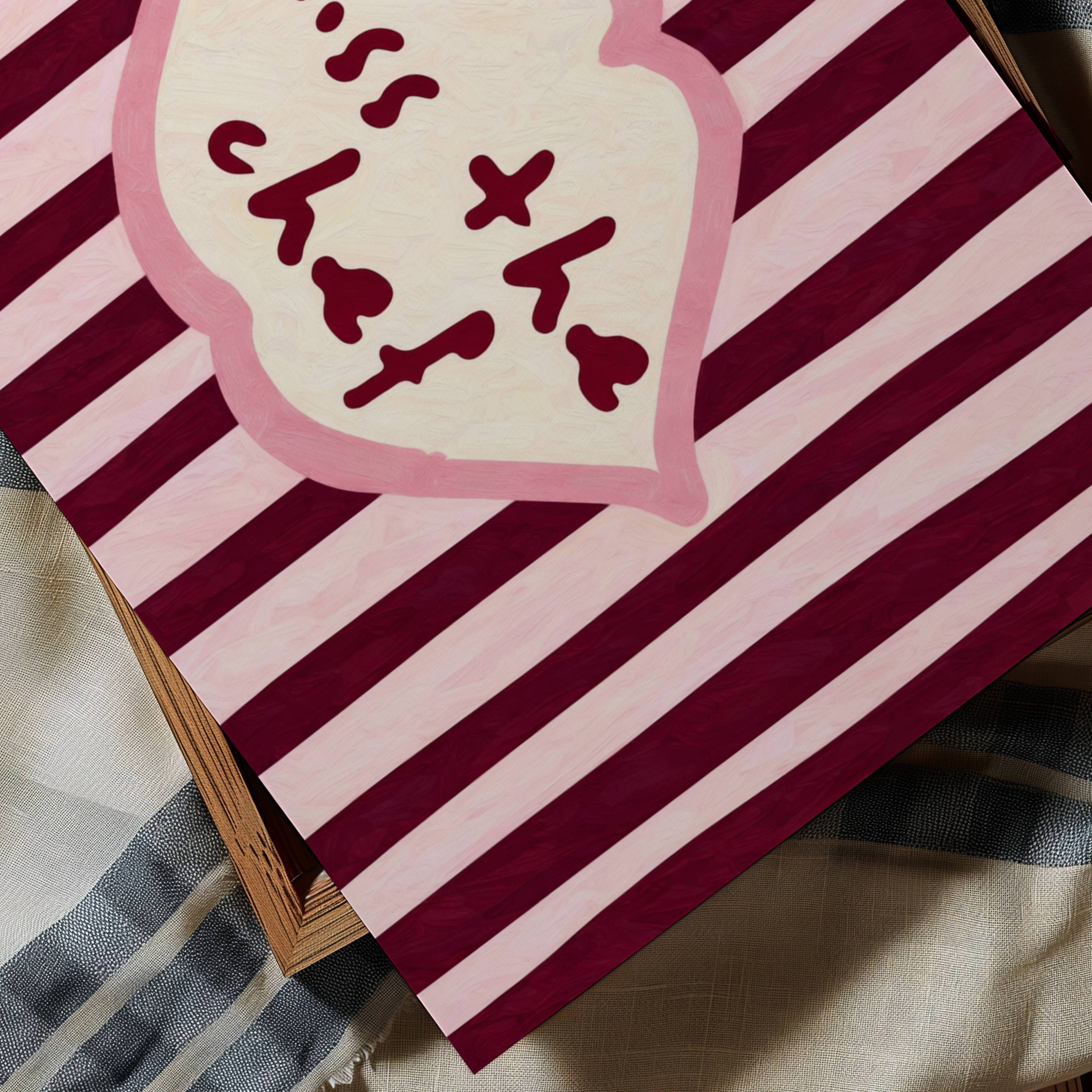 Playful Kitchen Funny Typography wall art with Handwritten quote "Kiss the chef" on a retro striped background in ruby pink tones with lips motif. This is a hand drawn Oil Painting kitchen art Print decor.