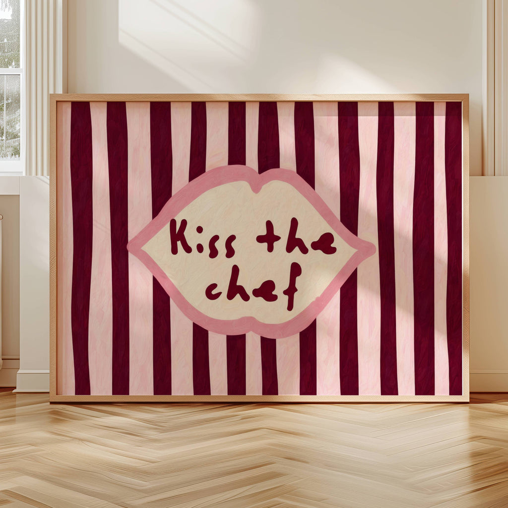 Playful Kitchen Funny Typography wall art with Handwritten quote "Kiss the chef" on a retro striped background in ruby pink tones with lips motif. This is a hand drawn Oil Painting kitchen art Print decor.