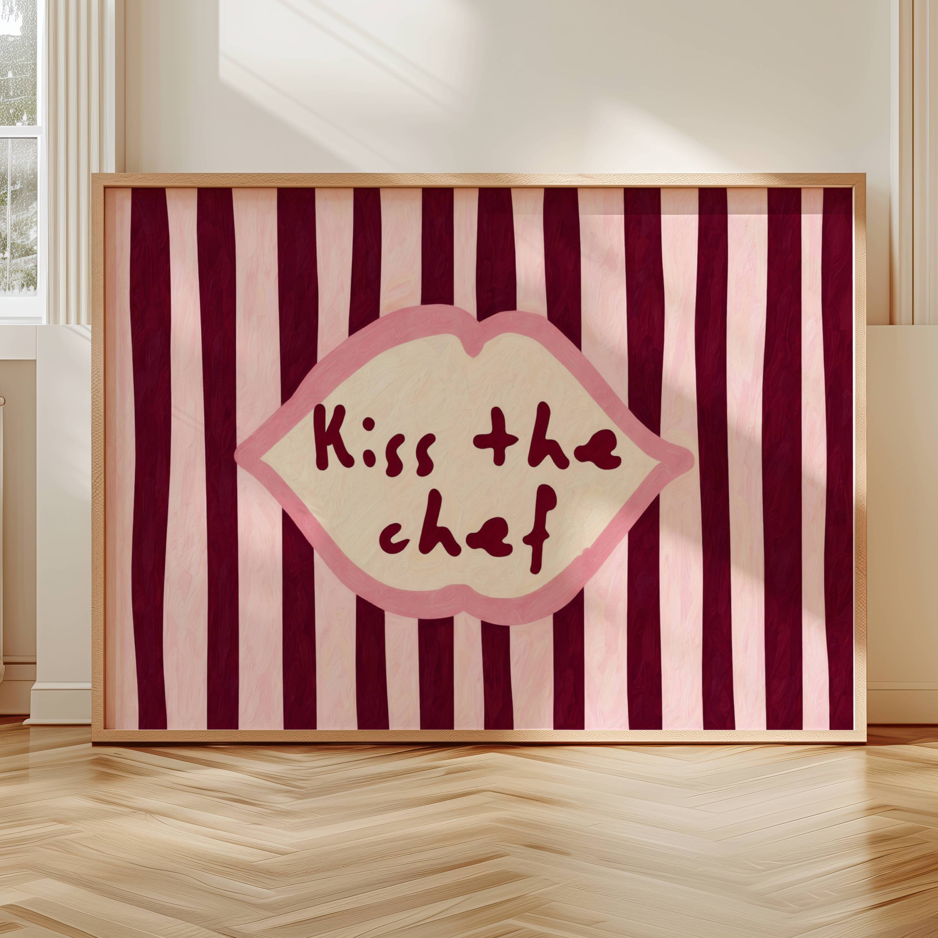 Playful Kitchen Funny Typography wall art with Handwritten quote "Kiss the chef" on a retro striped background in ruby pink tones with lips motif. This is a hand drawn Oil Painting kitchen art Print decor.