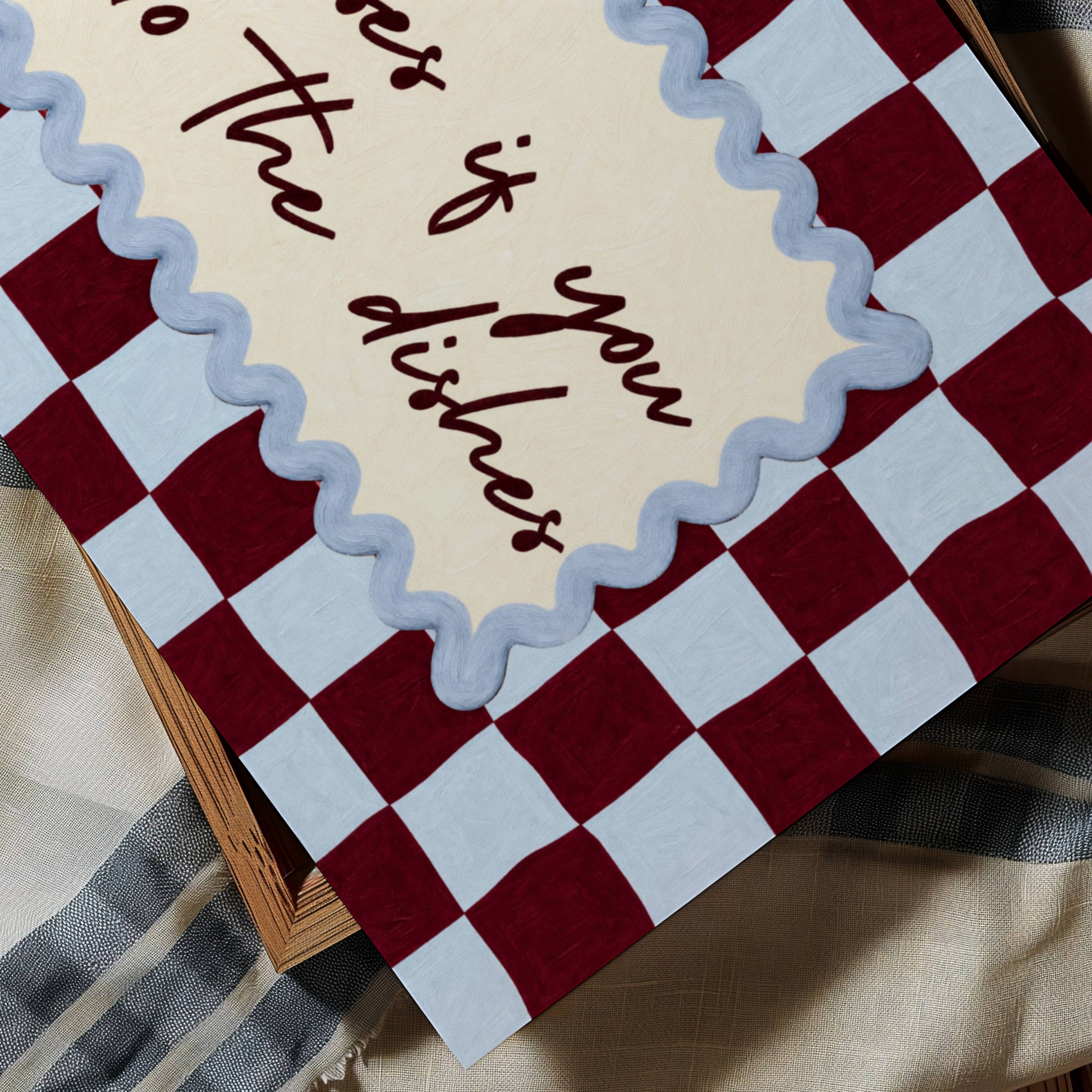 Playful Kitchen Funny Typography wall art with Handwritten quote "Kisses if you do the dishes" on a retro checkered - checkerboard pattern in blue burgundy tones. This is a hand drawn Oil Painting kitchen art Print decor.