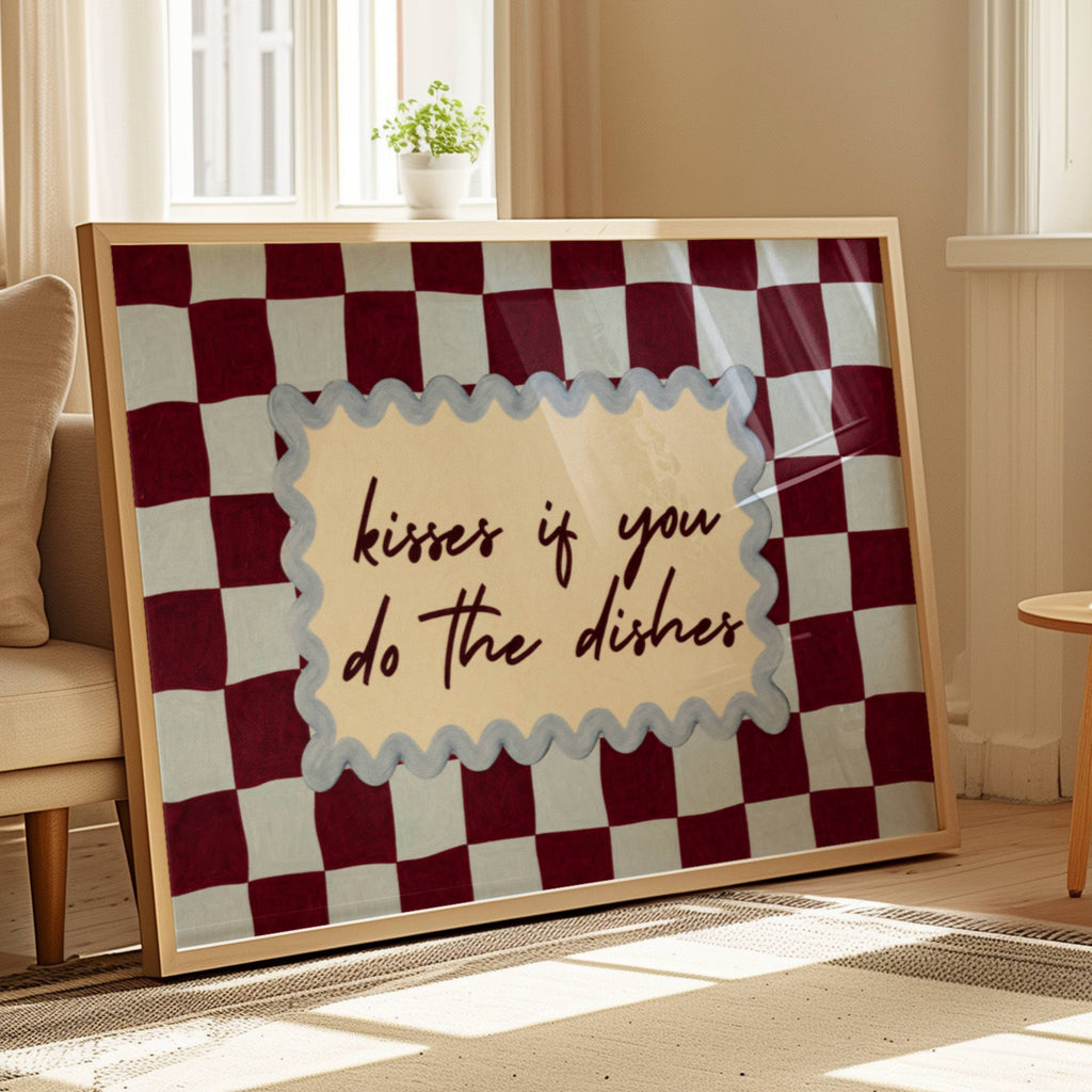 Playful Kitchen Funny Typography wall art with Handwritten quote "Kisses if you do the dishes" on a retro checkered - checkerboard pattern in blue ruby tones. This is a hand drawn Oil Painting kitchen art Print decor.