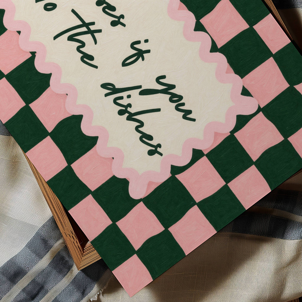 Playful Kitchen Funny Typography wall art with Handwritten quote "Kisses if you do the dishes" on a retro checkered - checkerboard pattern in pink green tones. This is a hand drawn Oil Painting kitchen art Print decor.