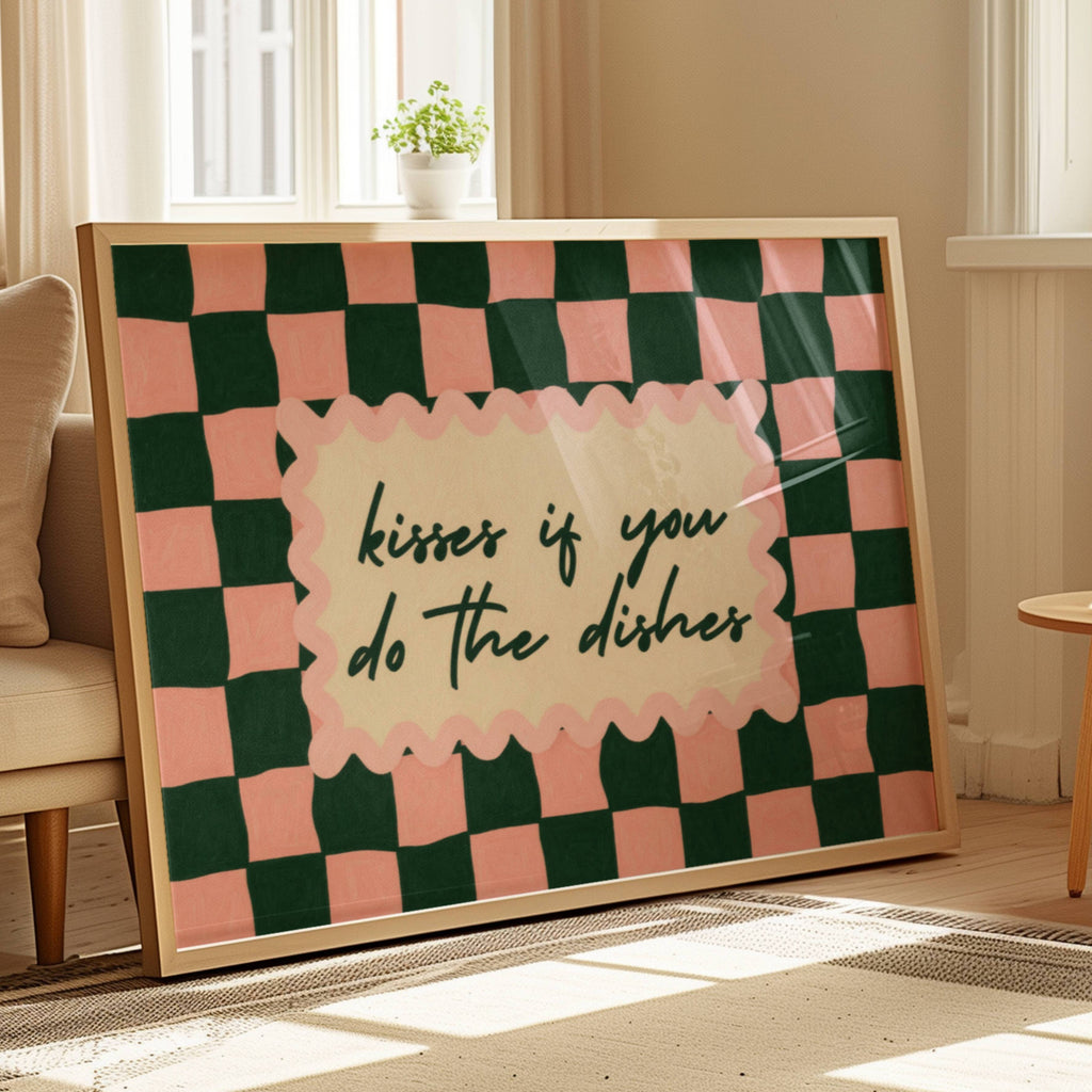 Playful Kitchen Funny Typography wall art with Handwritten quote "Kisses if you do the dishes" on a retro checkered - checkerboard pattern in pink green tones. This is a hand drawn Oil Painting kitchen art Print decor.