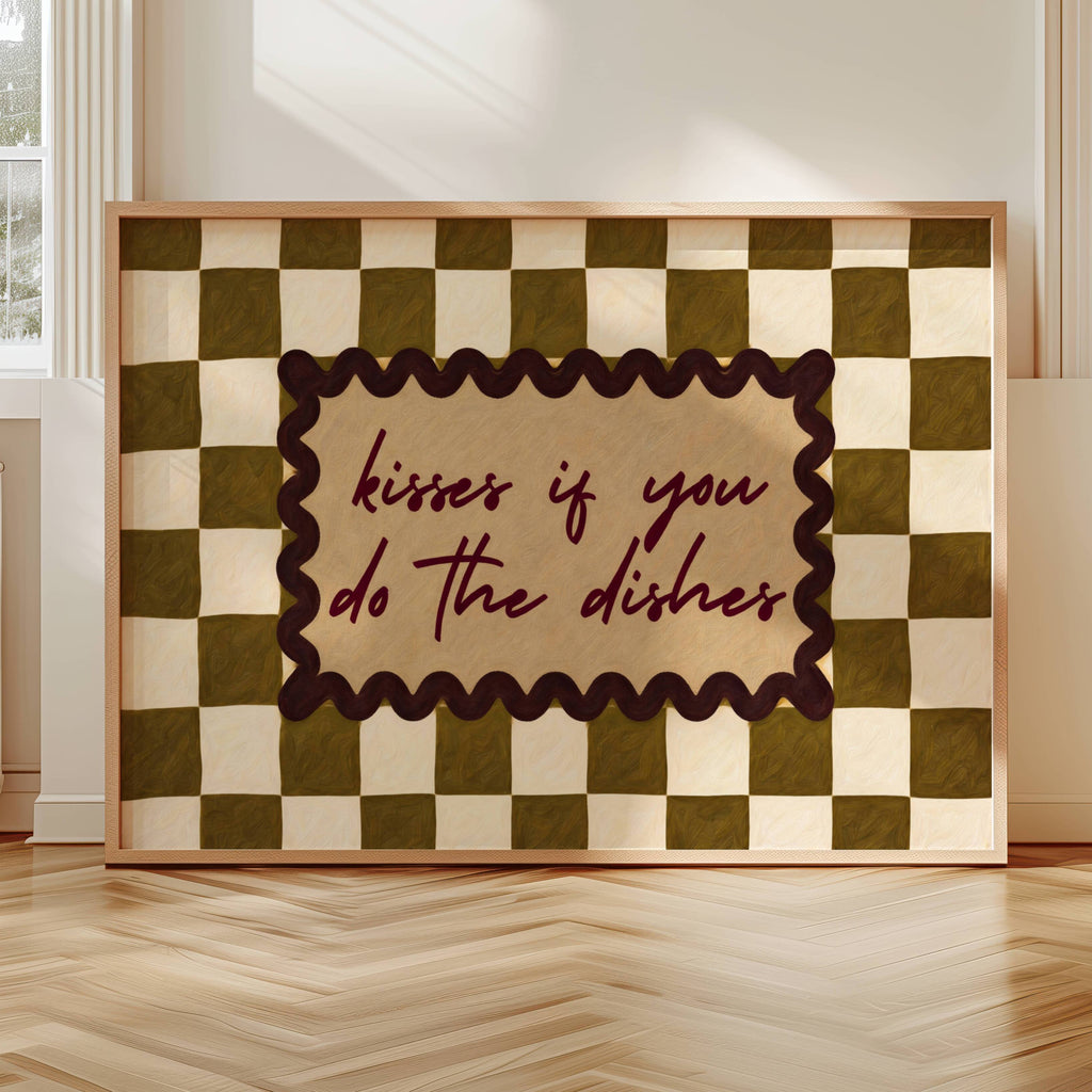 Playful Kitchen Funny Typography wall art with Handwritten quote "Kisses if you do the dishes" on a retro checkered - checkerboard pattern in khaki tones. This is a hand drawn Oil Painting kitchen art Print decor.