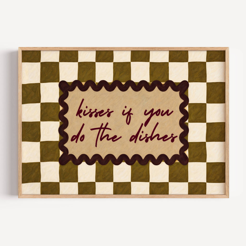 Playful Kitchen Funny Typography wall art with Handwritten quote "Kisses if you do the dishes" on a retro checkered - checkerboard pattern in khaki tones. This is a hand drawn Oil Painting kitchen art Print decor.