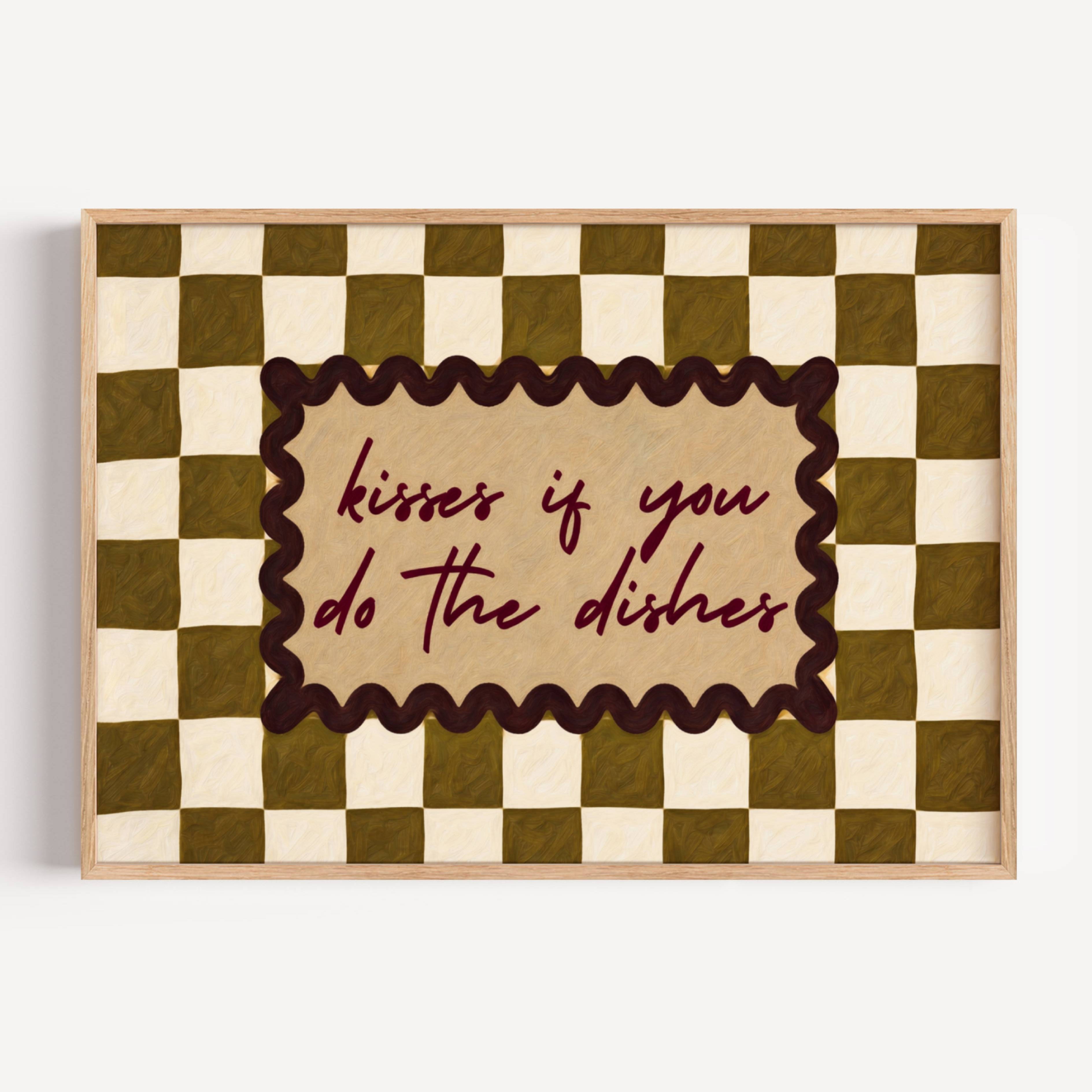 Playful Kitchen Funny Typography wall art with Handwritten quote "Kisses if you do the dishes" on a retro checkered - checkerboard pattern in khaki tones. This is a hand drawn Oil Painting kitchen art Print decor.