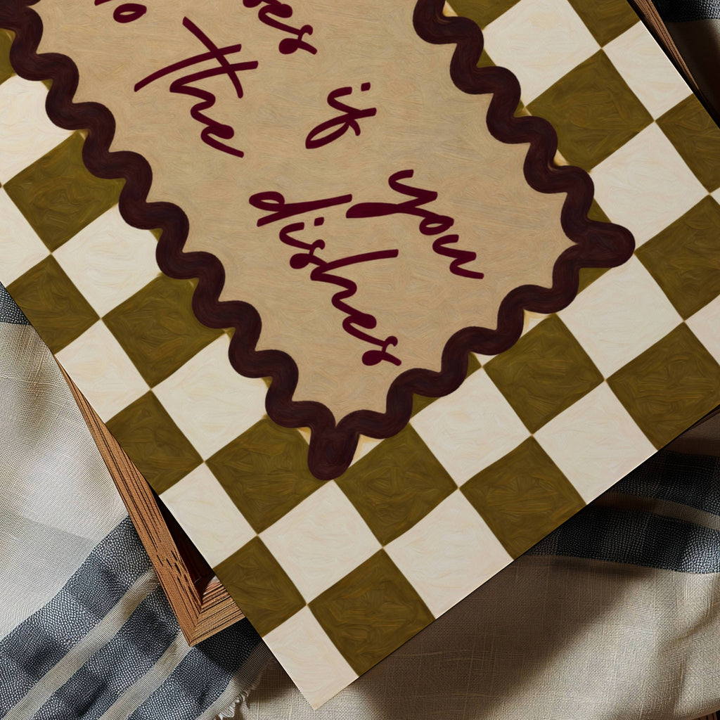 Playful Kitchen Funny Typography wall art with Handwritten quote "Kisses if you do the dishes" on a retro checkered - checkerboard pattern in khaki tones. This is a hand drawn Oil Painting kitchen art Print decor.