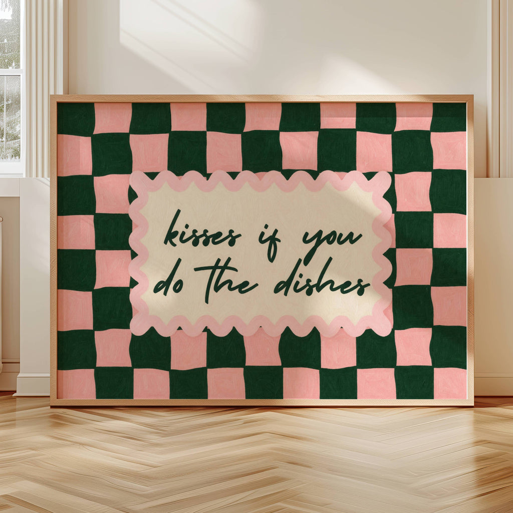 Playful Kitchen Funny Typography wall art with Handwritten quote "Kisses if you do the dishes" on a retro checkered - checkerboard pattern in pink green tones. This is a hand drawn Oil Painting kitchen art Print decor.