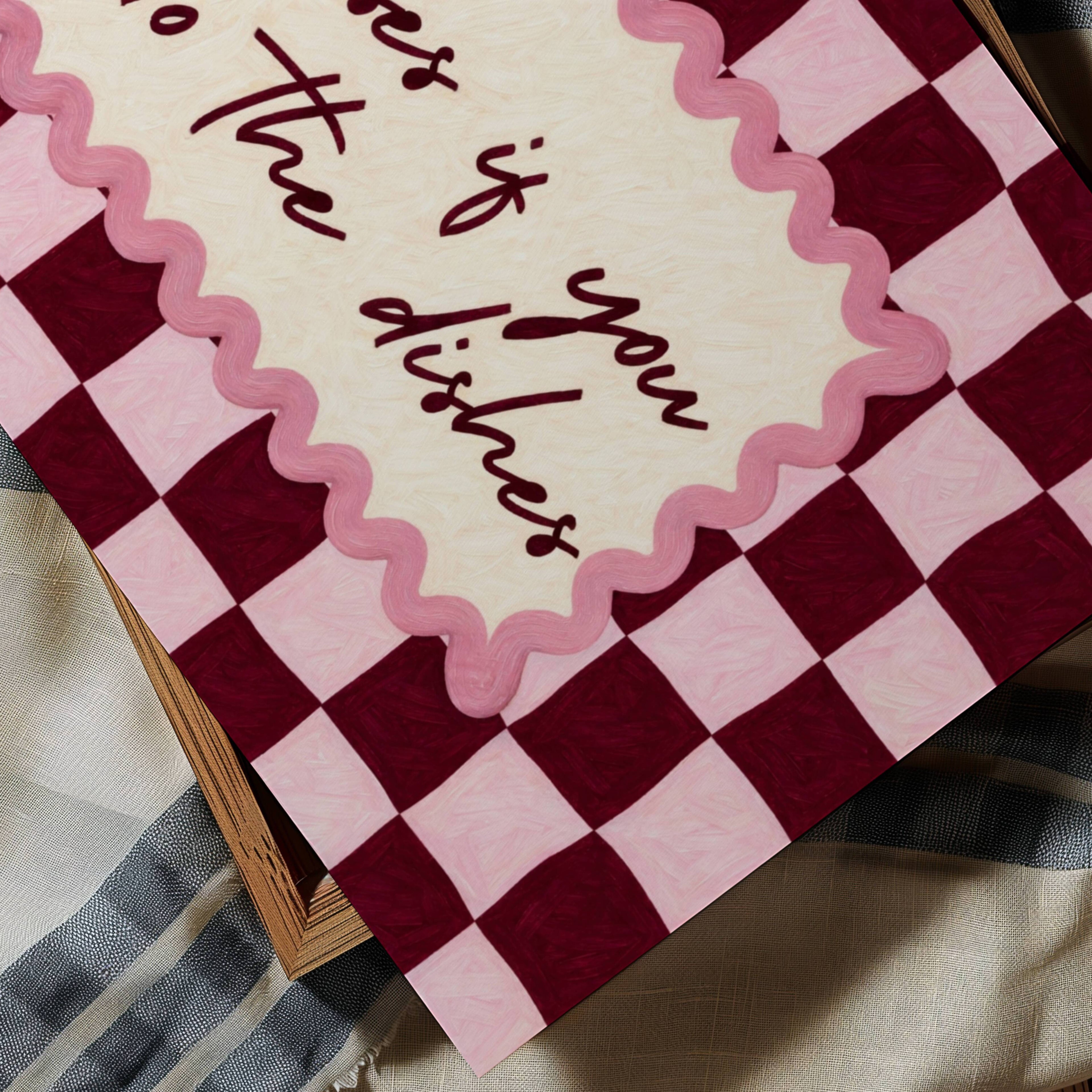 Playful Kitchen Funny Typography wall art with Handwritten quote "Kisses if you do the dishes" on a retro checkered - checkerboard pattern in pink ruby tones. This is a hand drawn Oil Painting kitchen art Print decor.