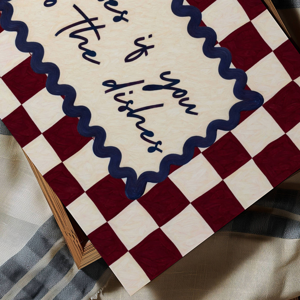 Playful Kitchen Funny Typography wall art with Handwritten quote "Kisses if you do the dishes" on a retro checkered - checkerboard pattern in burgundy tones. This is a hand drawn Oil Painting kitchen art Print decor.