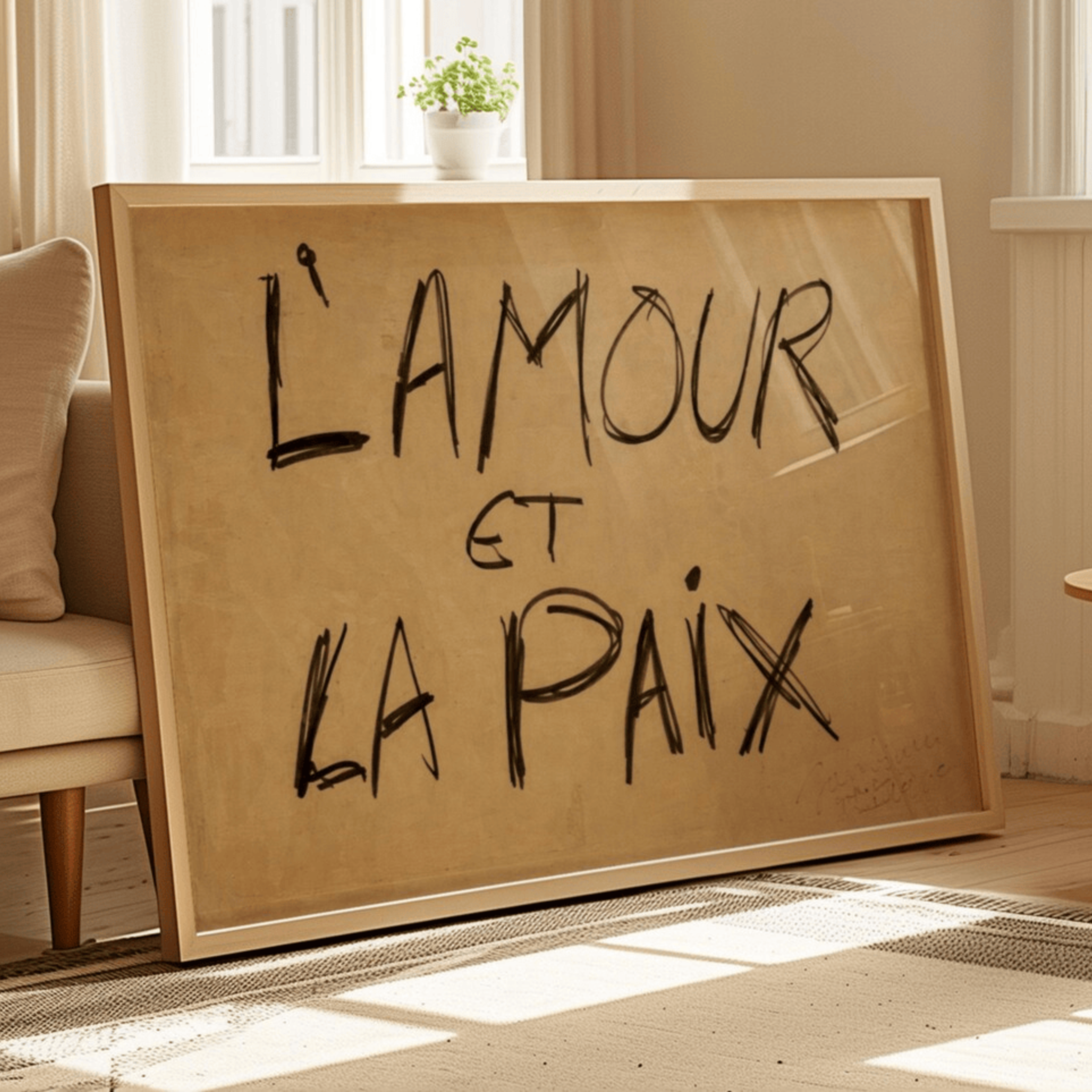 hand drawn Retro Minimalist French typography print with the phrase "L AMOUR ET LA PAIX" in a retro neutral canva. This is a trendy minimalist typography wall art print ideal for above bed, bedrooms, dorm room decor, living rooms and kitchens, gallery walls and playful interiors. The perfect Cool Girl Apartment decor