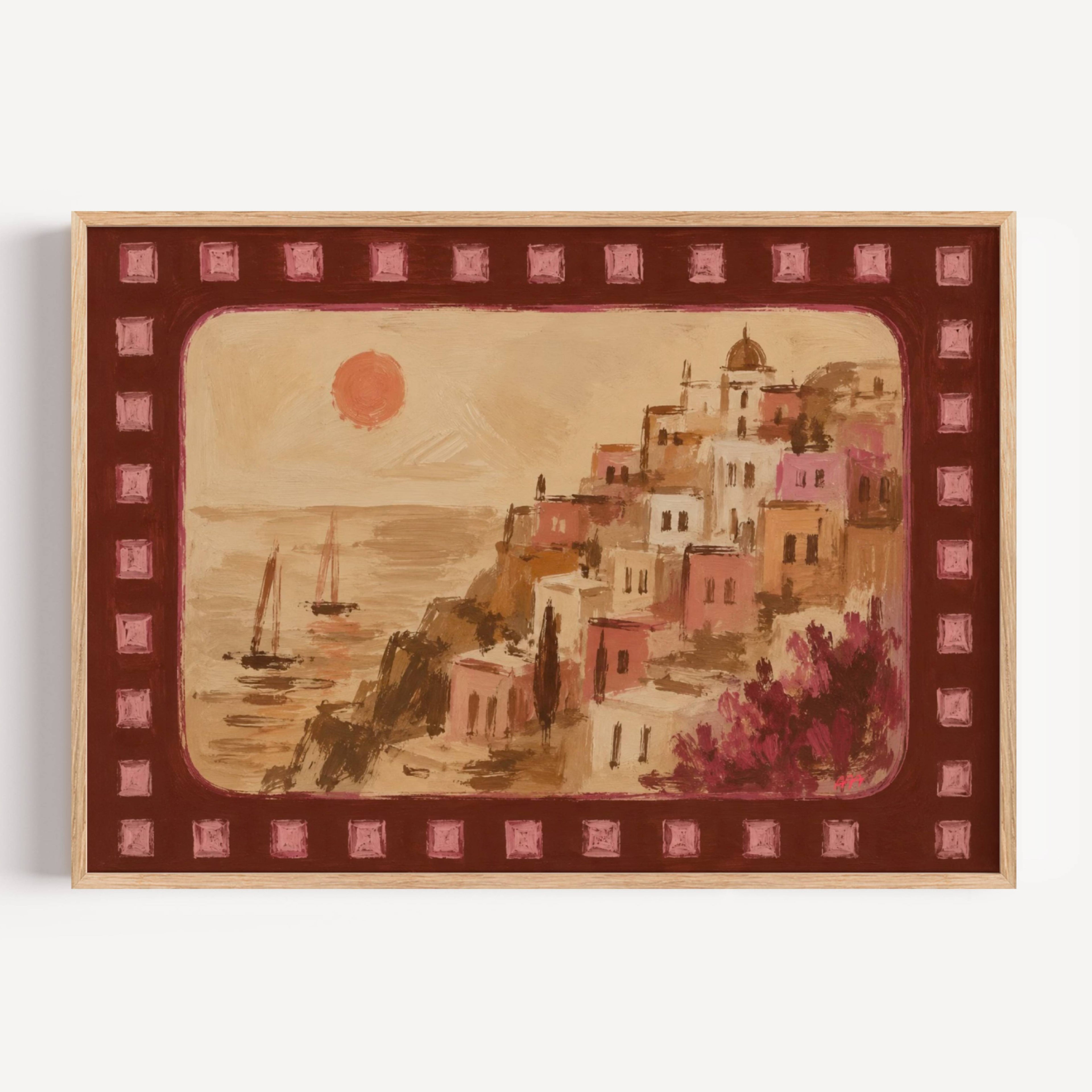 La Dolce Vista captures the romance of Mediterranean evenings, where pastel villages tumble toward the sea and sailboats drift beneath a warm sunset. Painted with expressive brushstrokes and framed by a decorative border, the artwork blends vintage travel nostalgia with contemporary fine art, creating a timeless celebration of coastal living. Soft terracotta, blush pinks and sun-washed neutrals evoke the quiet beauty of Italy’s seaside villages, bringing warmth, elegance and escapism into modern interiors. 