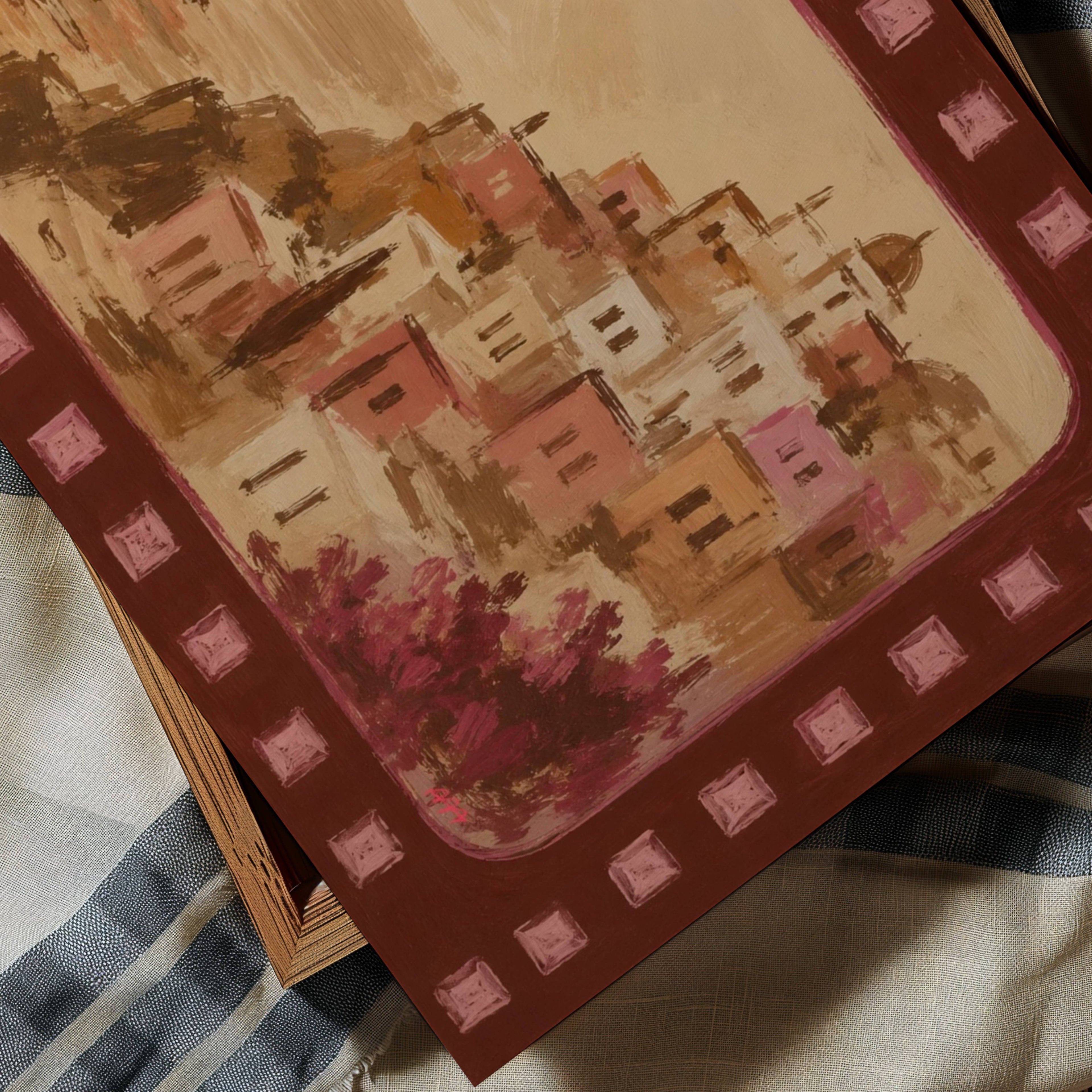 La Dolce Vista captures the romance of Mediterranean evenings, where pastel villages tumble toward the sea and sailboats drift beneath a warm sunset. Painted with expressive brushstrokes and framed by a decorative border, the artwork blends vintage travel nostalgia with contemporary fine art, creating a timeless celebration of coastal living. Soft terracotta, blush pinks and sun-washed neutrals evoke the quiet beauty of Italy’s seaside villages, bringing warmth, elegance and escapism into modern interiors. 