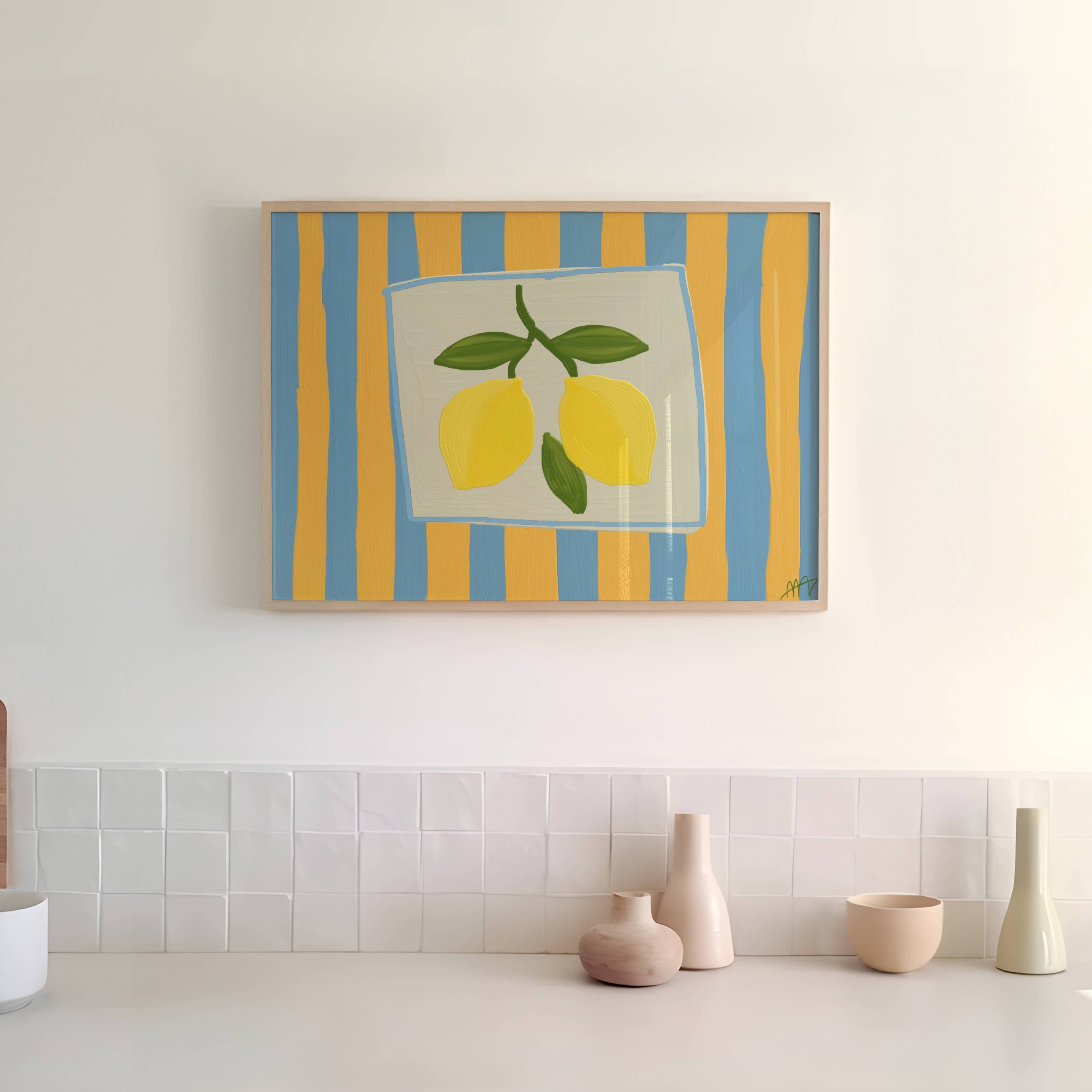 Playful Hand drawn Kitchen wall art with lemons illustration on a blue and yellow striped background inspired by Mediterranean interiors. This is a hand drawn Food Oil Painting kitchen and bar cart art Print decor for playful kitchens, dining spaces and eclectic interiors.